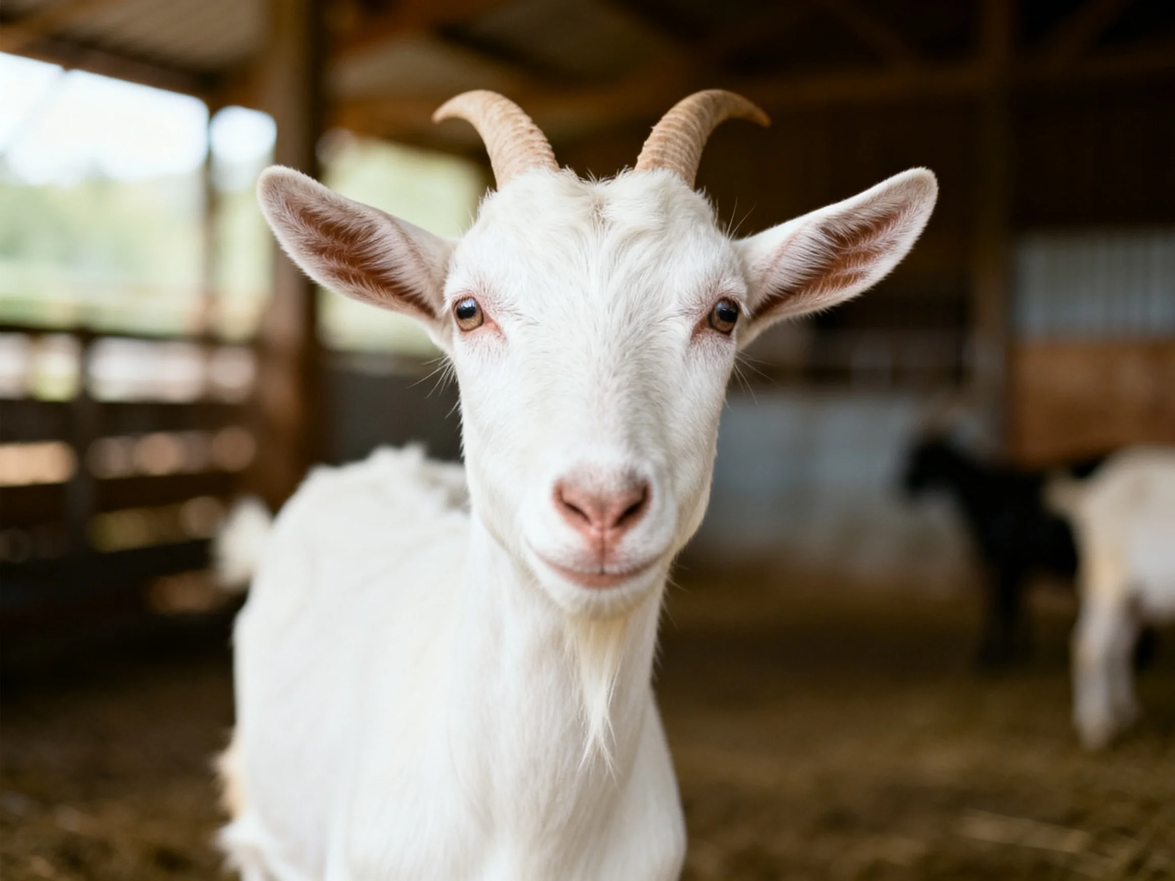 A close - up of a white horned goat in a barn interior
