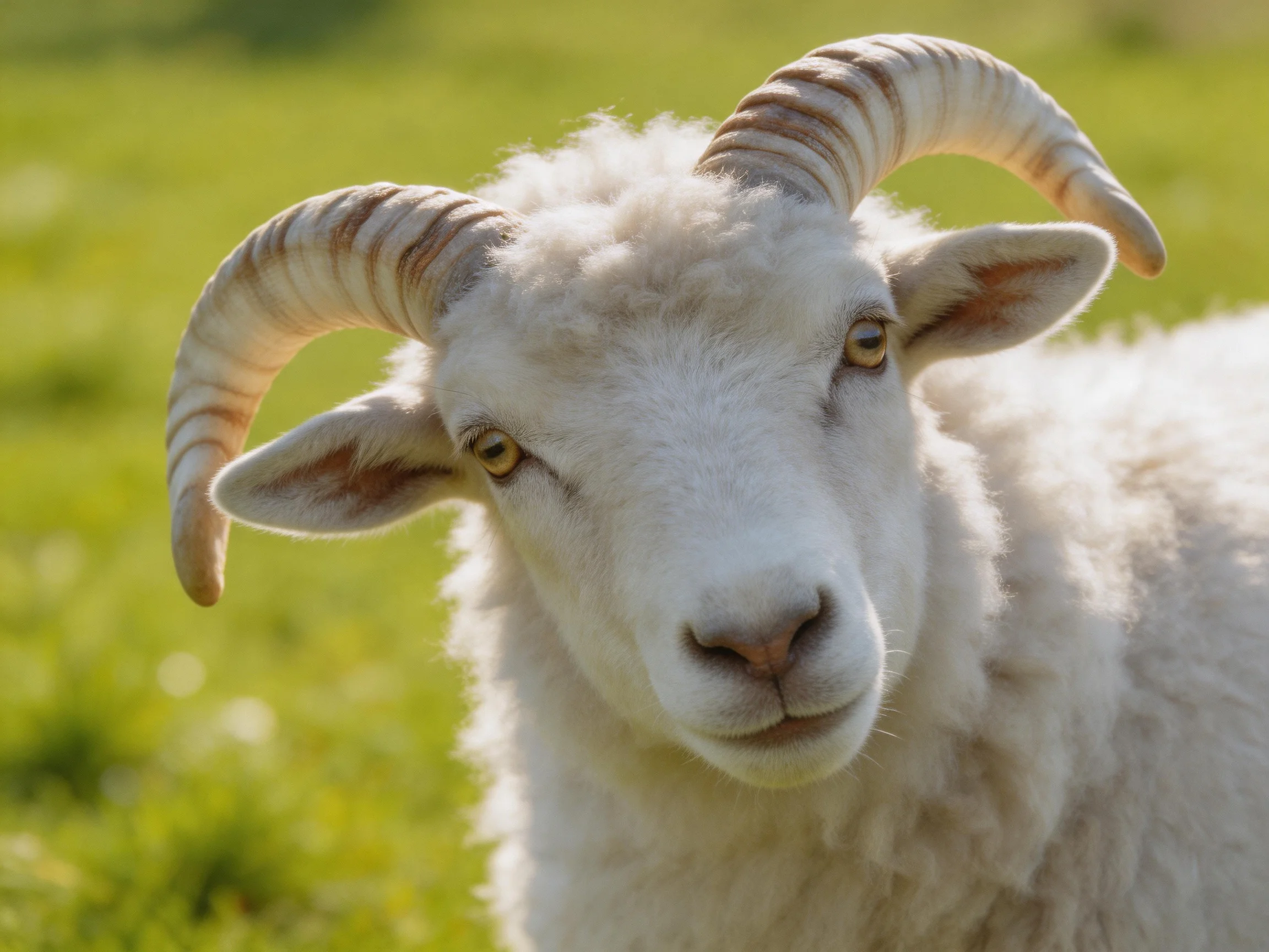 A close-up of a white horned sheep in a green meadow