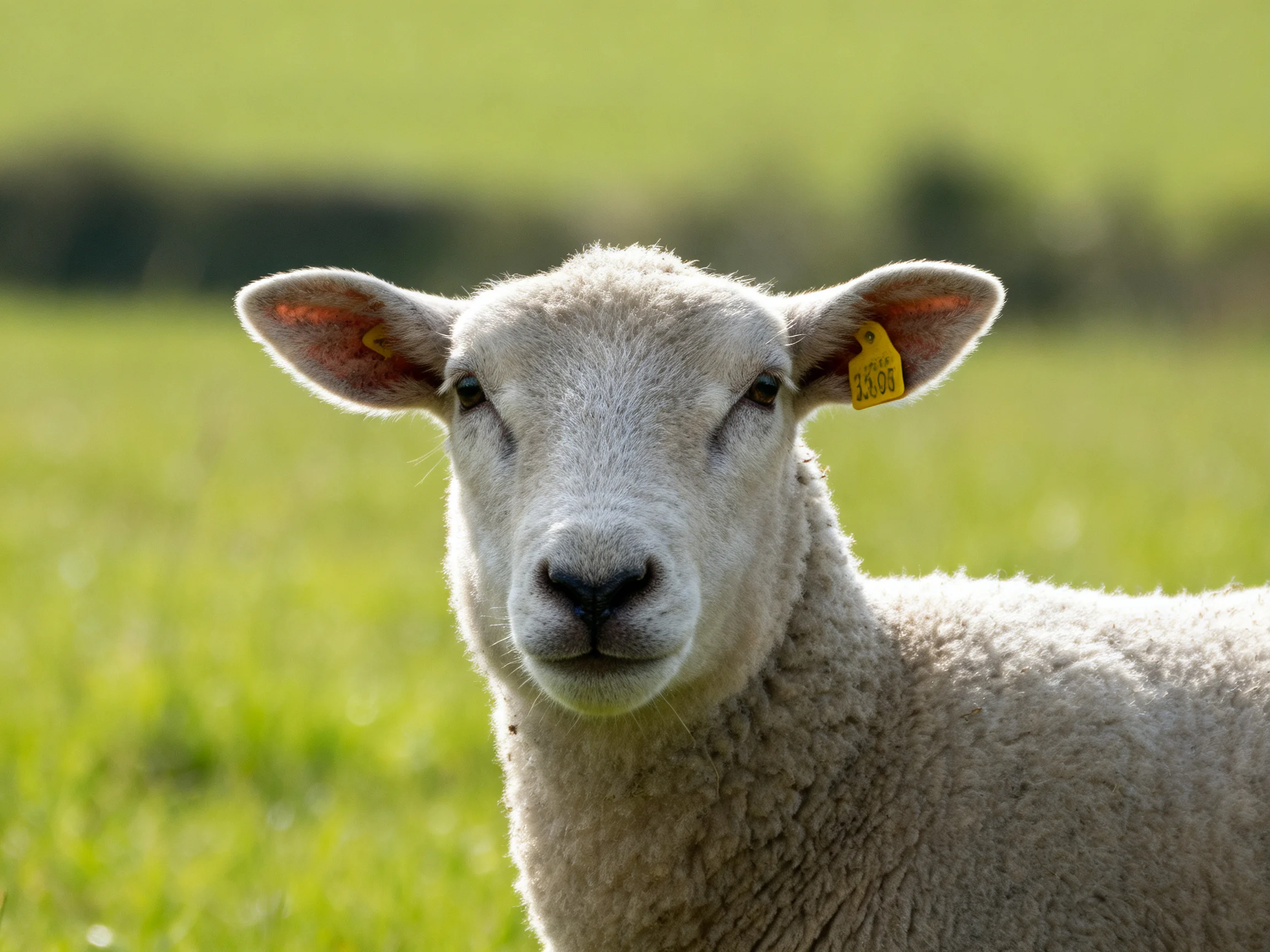 A white lamb with yellow ear tags stands in a bright green pasture.