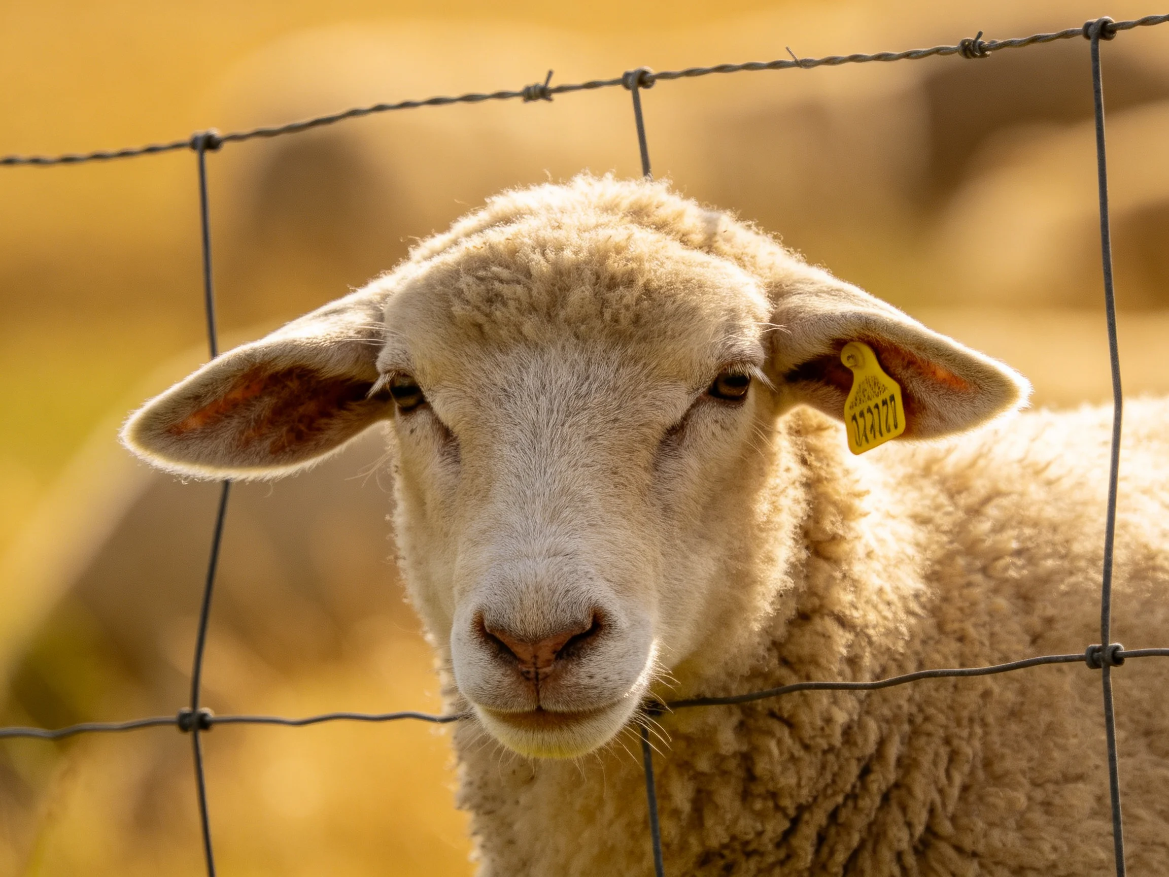 A close - up ofa cream - colored lamb behind a wire fence in golden light