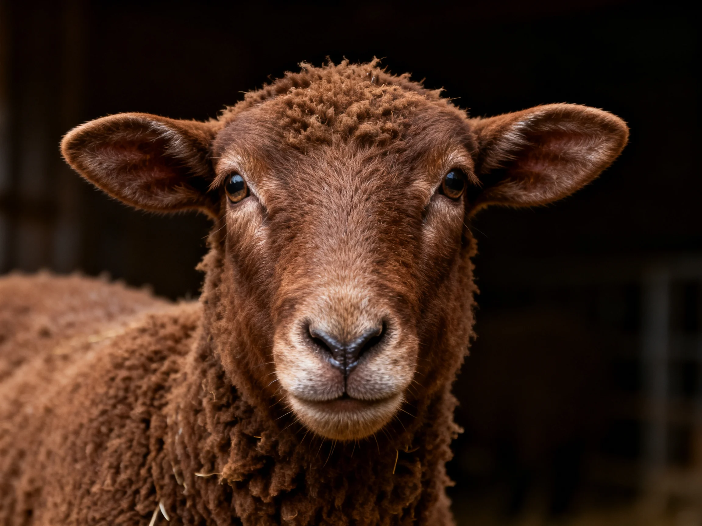 A close - up portrait of a brown sheep withcurly wool