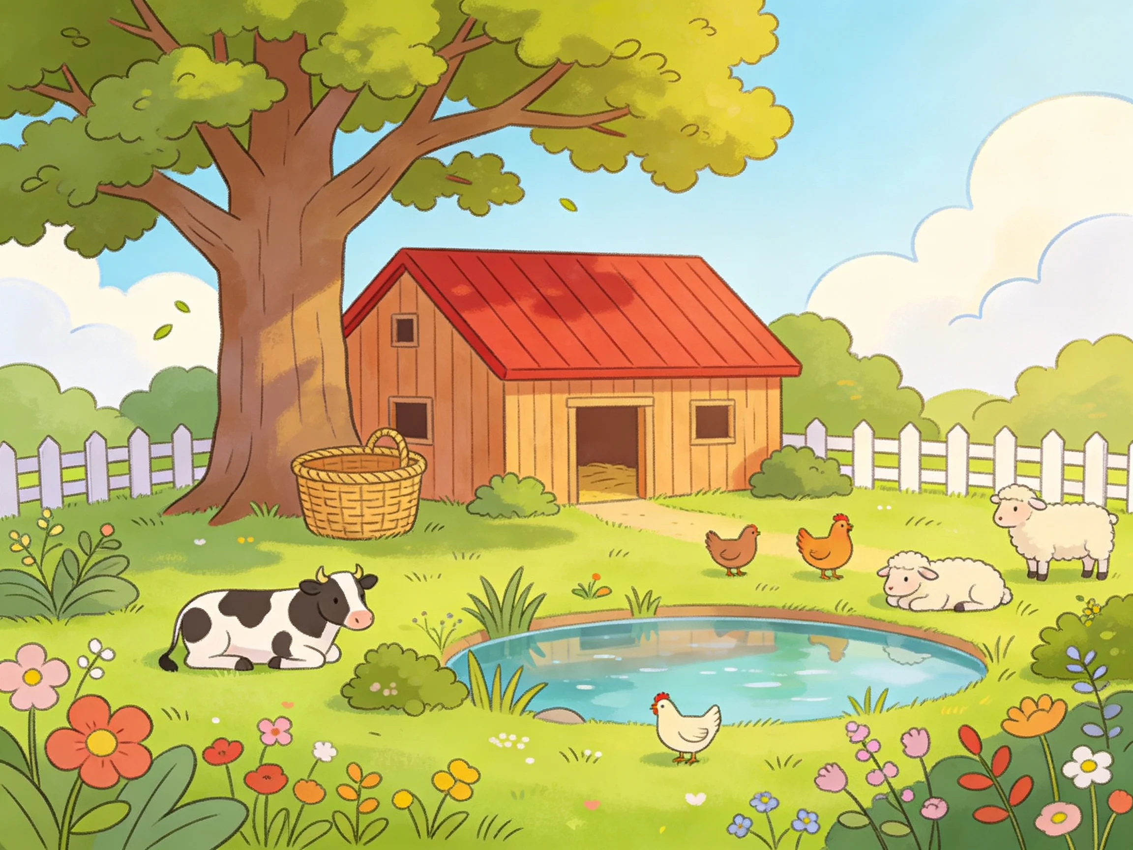 A colorful farmyard with animals, a pond, and a wooden barn