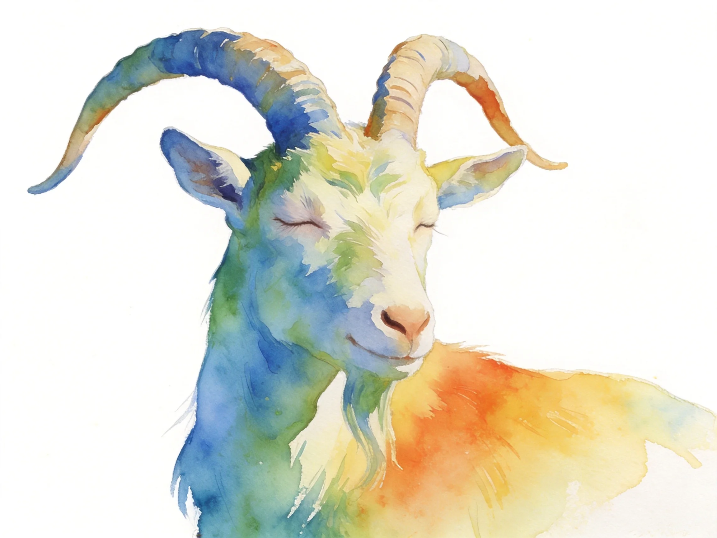 A colorful watercolor goat with blue, green, and orange tones