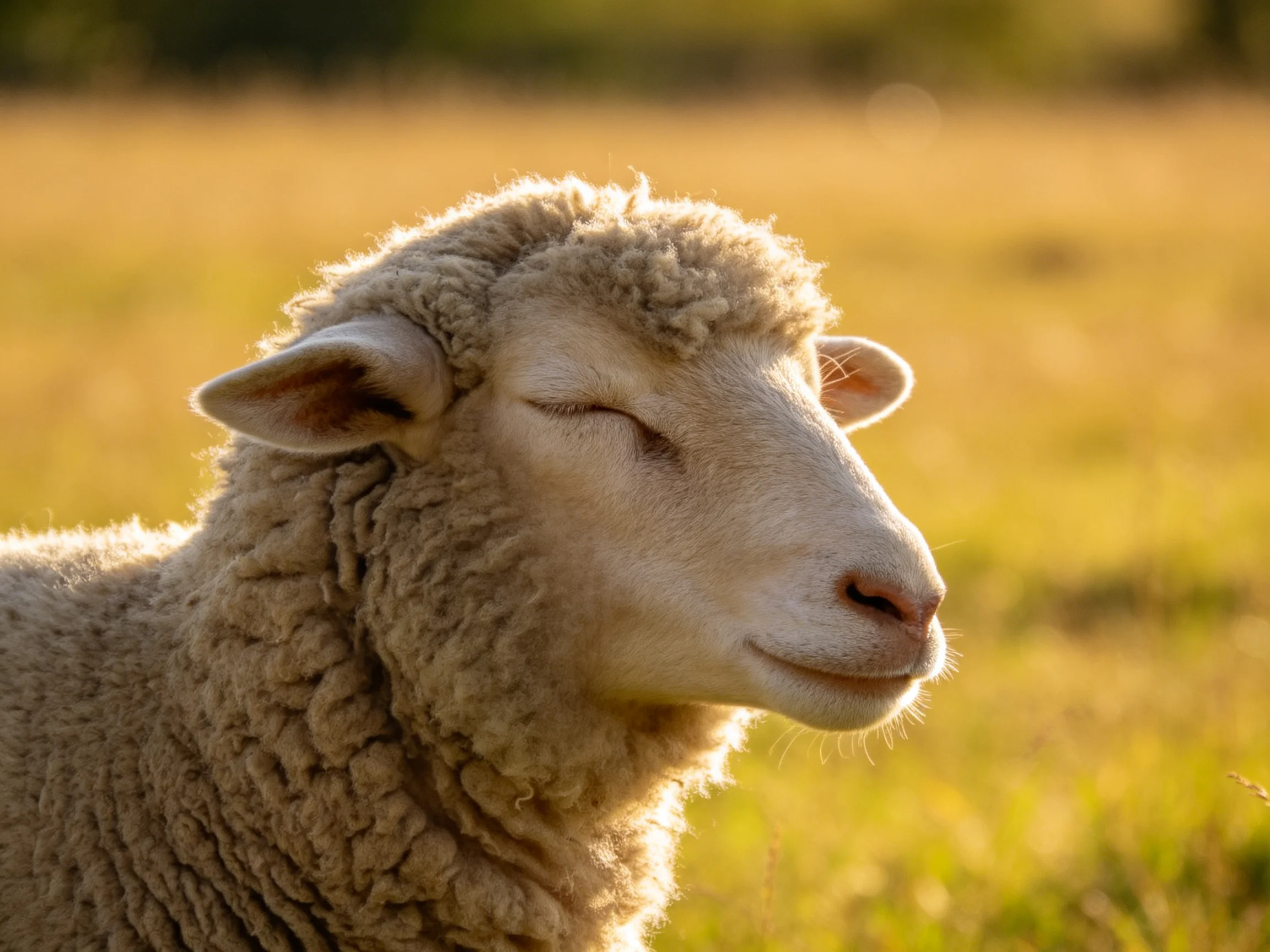 A content sheep with thick wool in a golden field