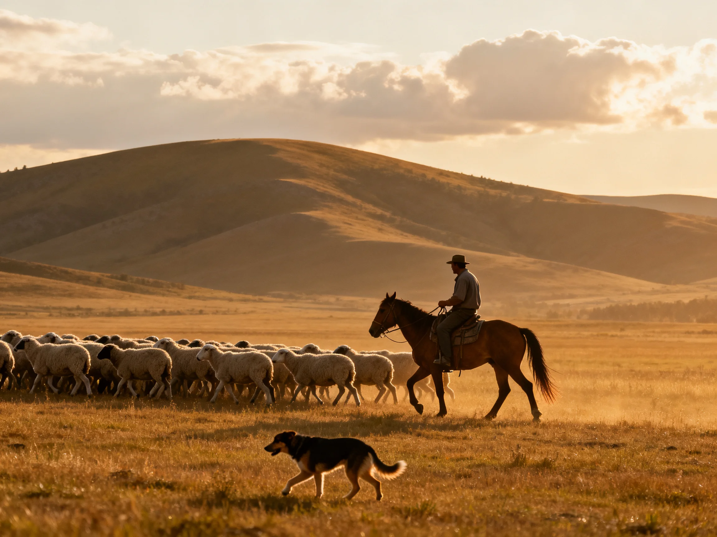 A cowboy herding sheep on horseback with a dog in golden fields