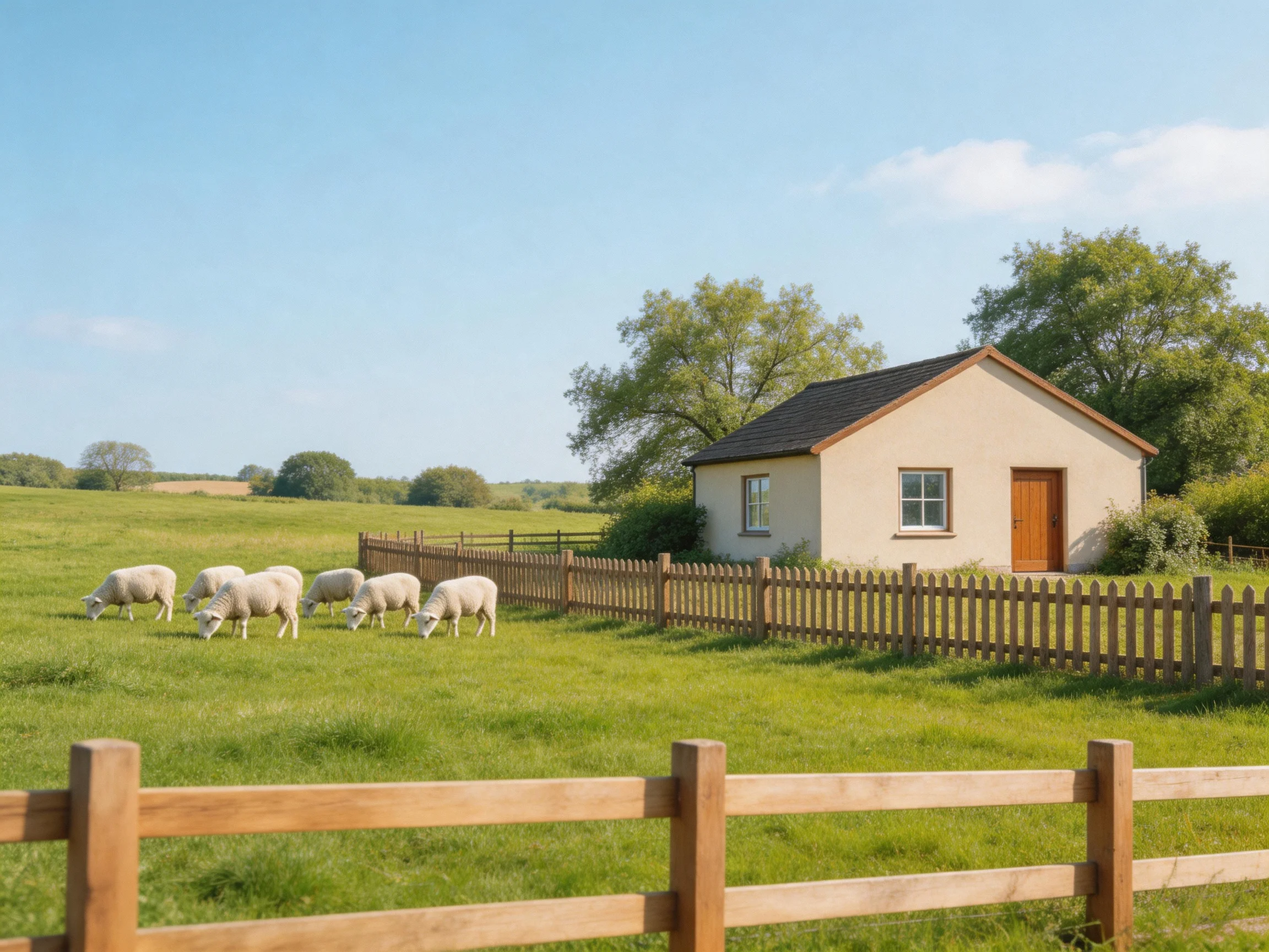 A cozy beige cottage near a wooden fence with grazing sheep