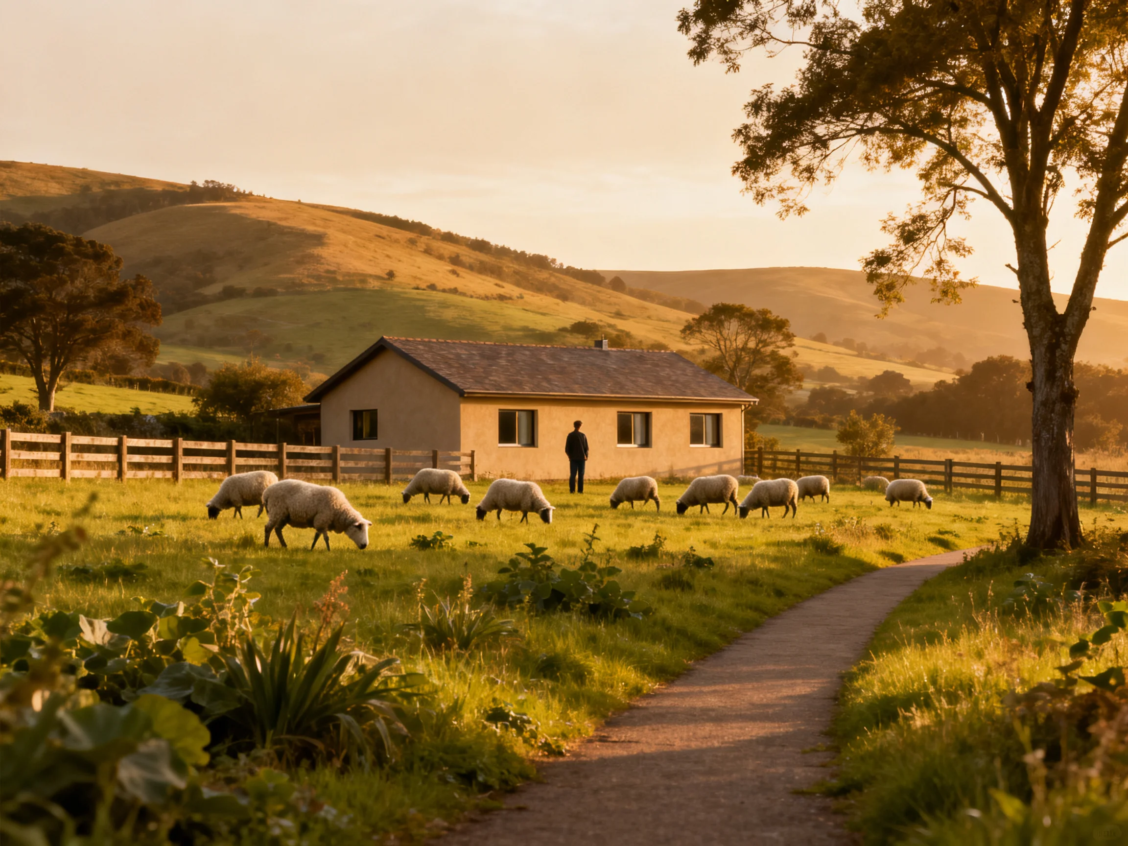 A cozy farmhouse with grazing sheep in sunlit rolling hills
