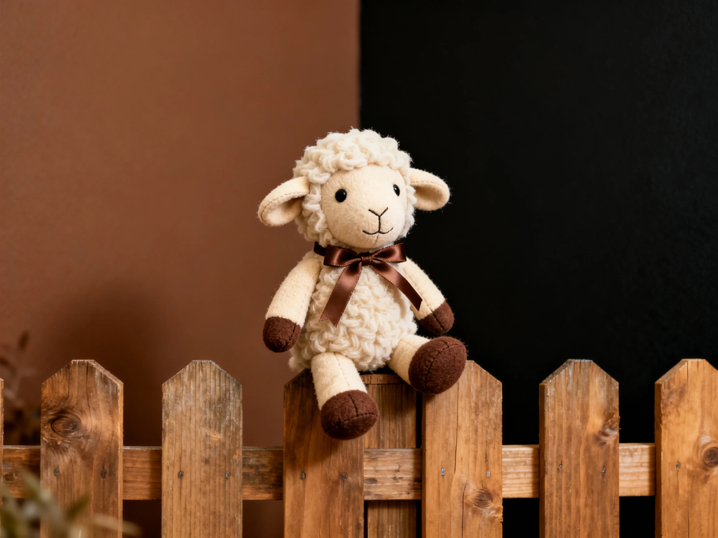 A cream and brown stuffed lamb perched on a wooden picket fence