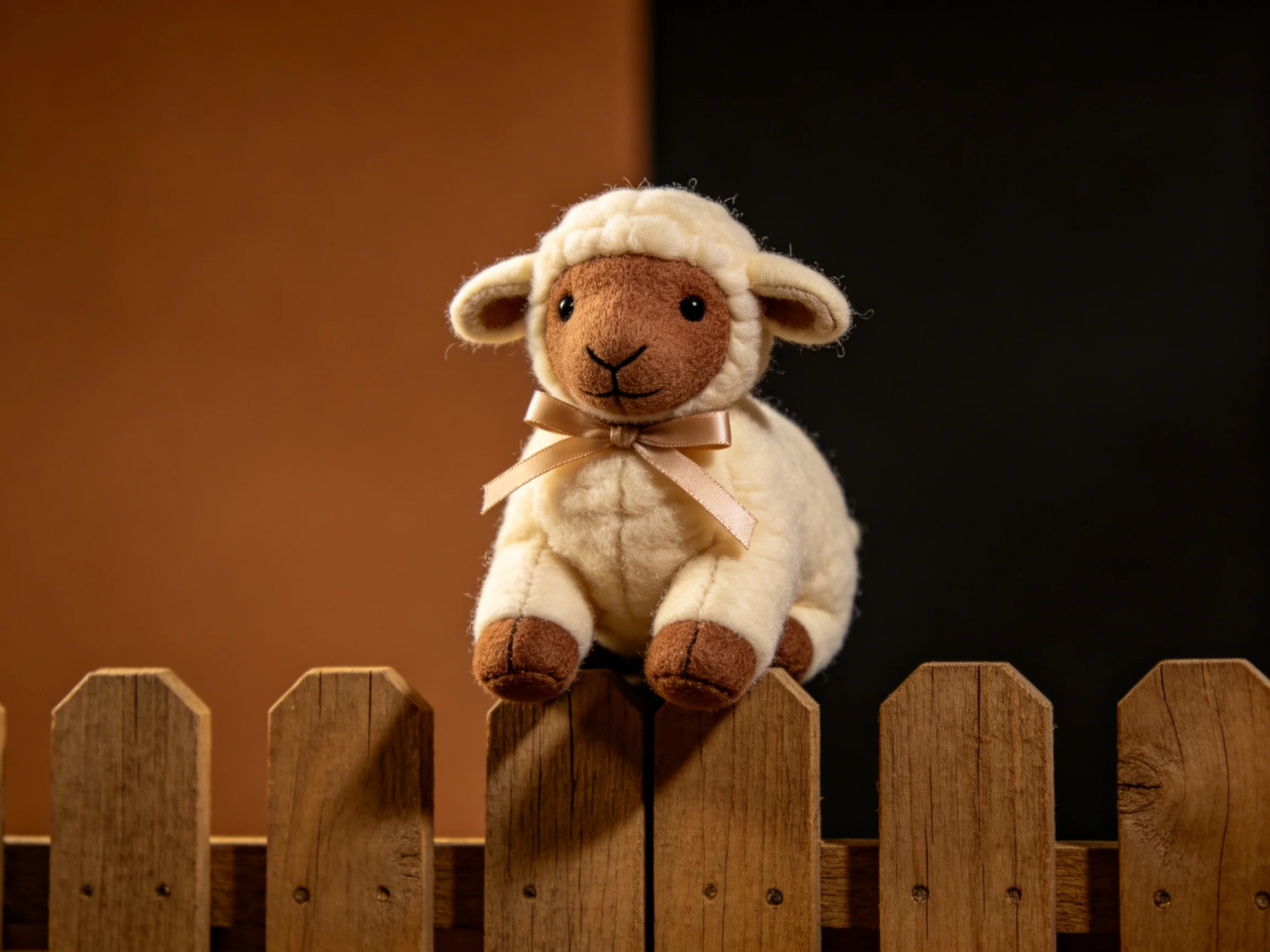 A cream - colored stuffed lamb perched on a wooden picket fence