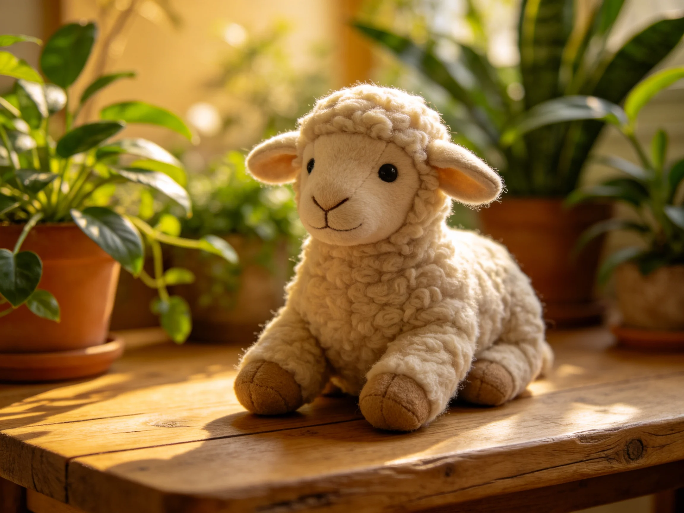 A cream-colored stuffed lamb sits on a wooden table among potted plants