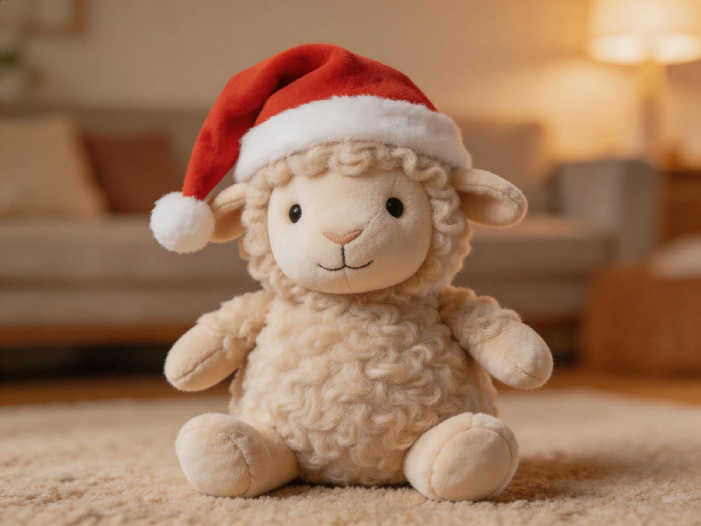 A cream-furred stuffed lamb wears a red Santa hat indoors
