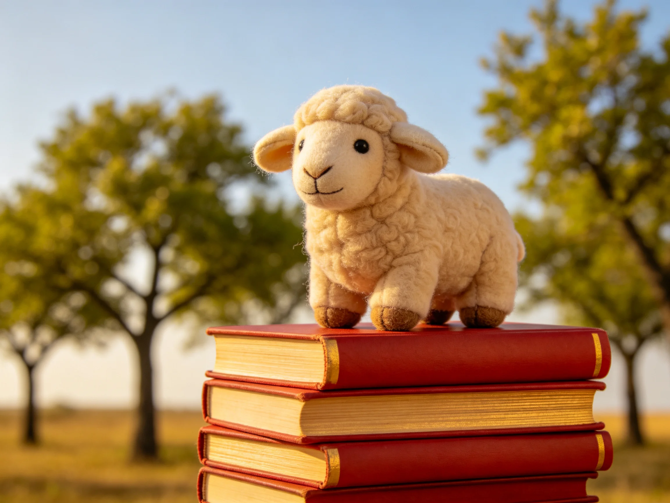 A cream plush sheep figurine atop four red hardcover books with green trees in the background.
