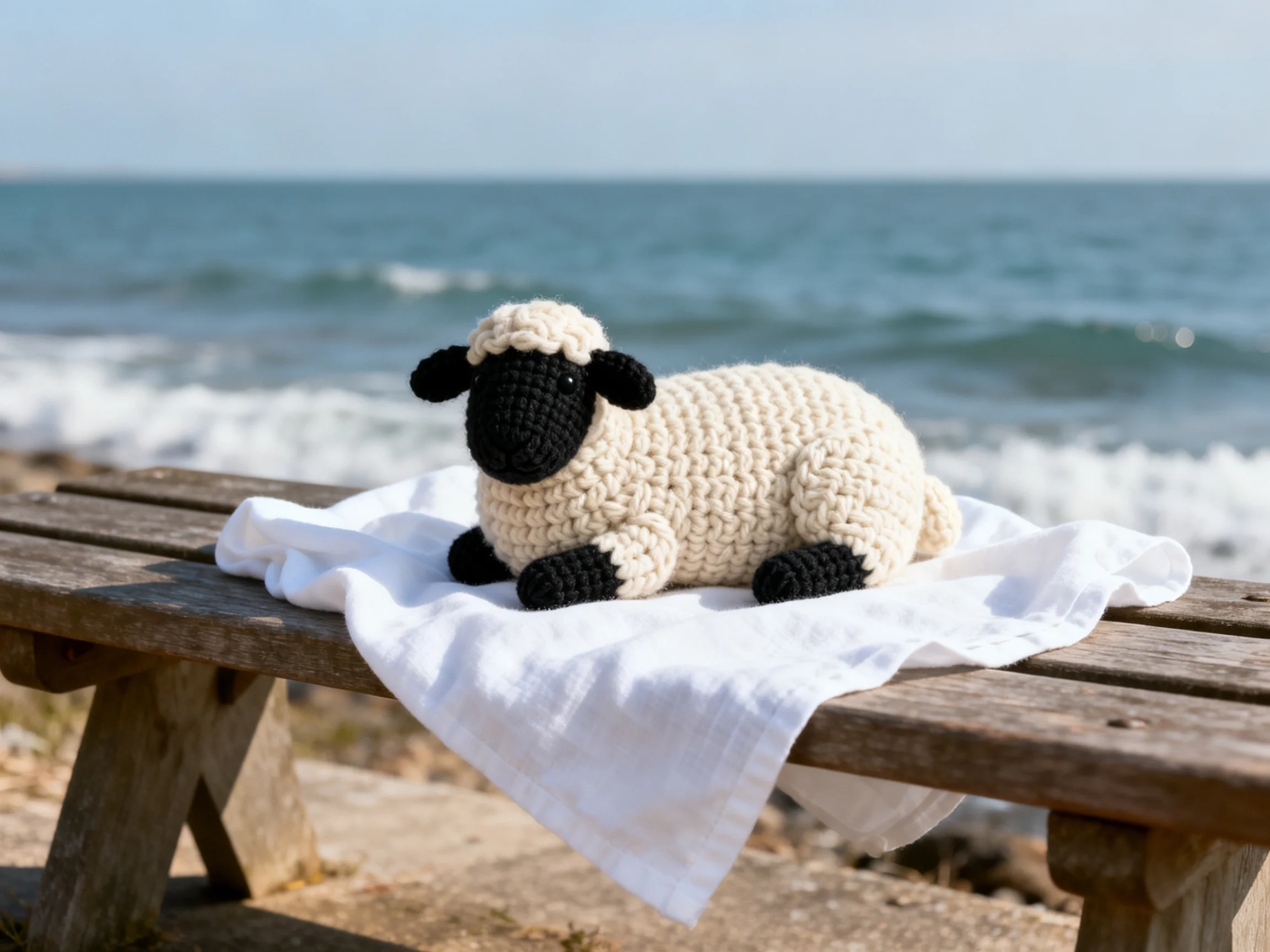 A crocheted cream sheep rests on a white cloth by the sea