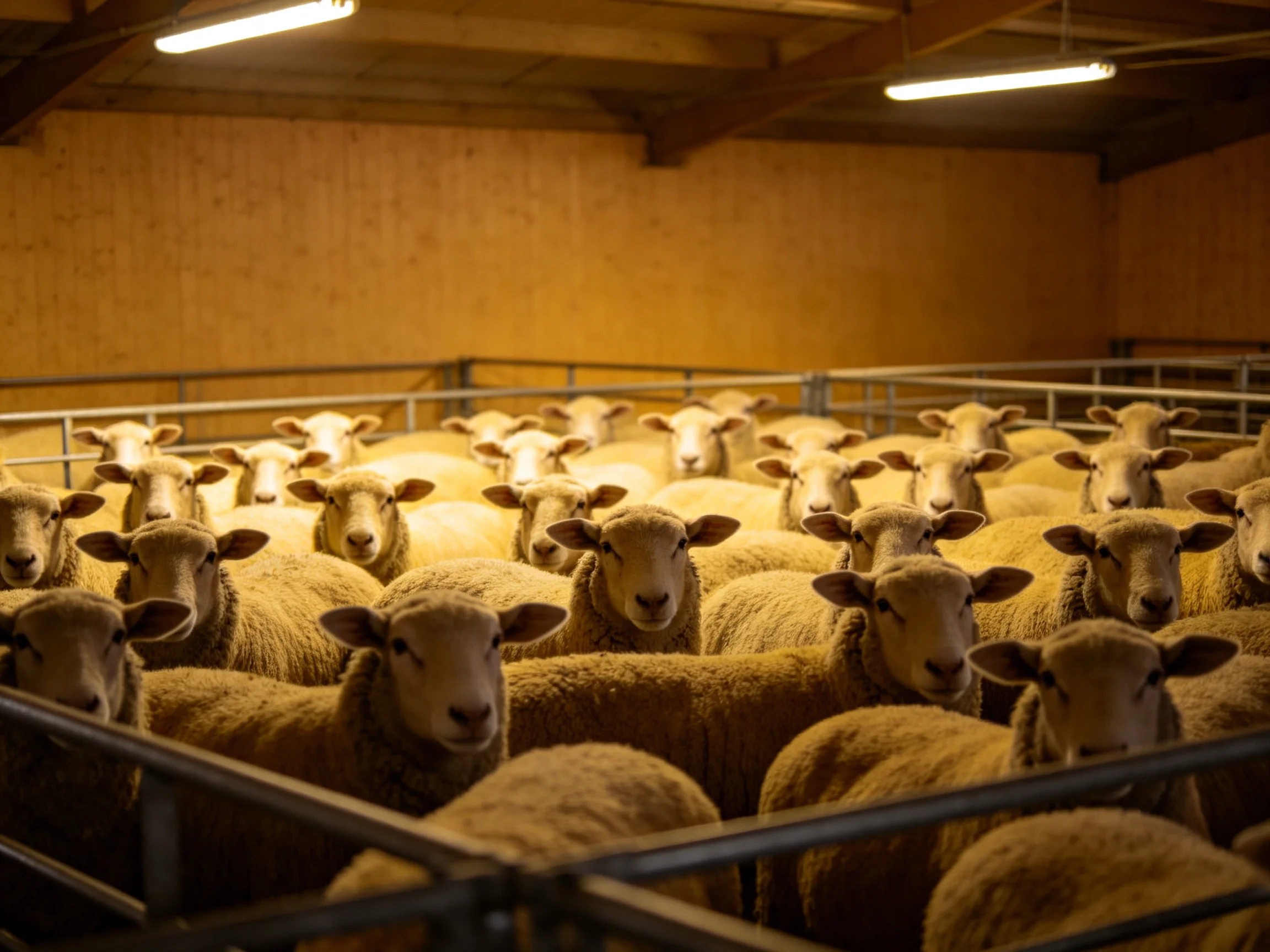 A crowded flock of sheep in a wooden barn enclosure