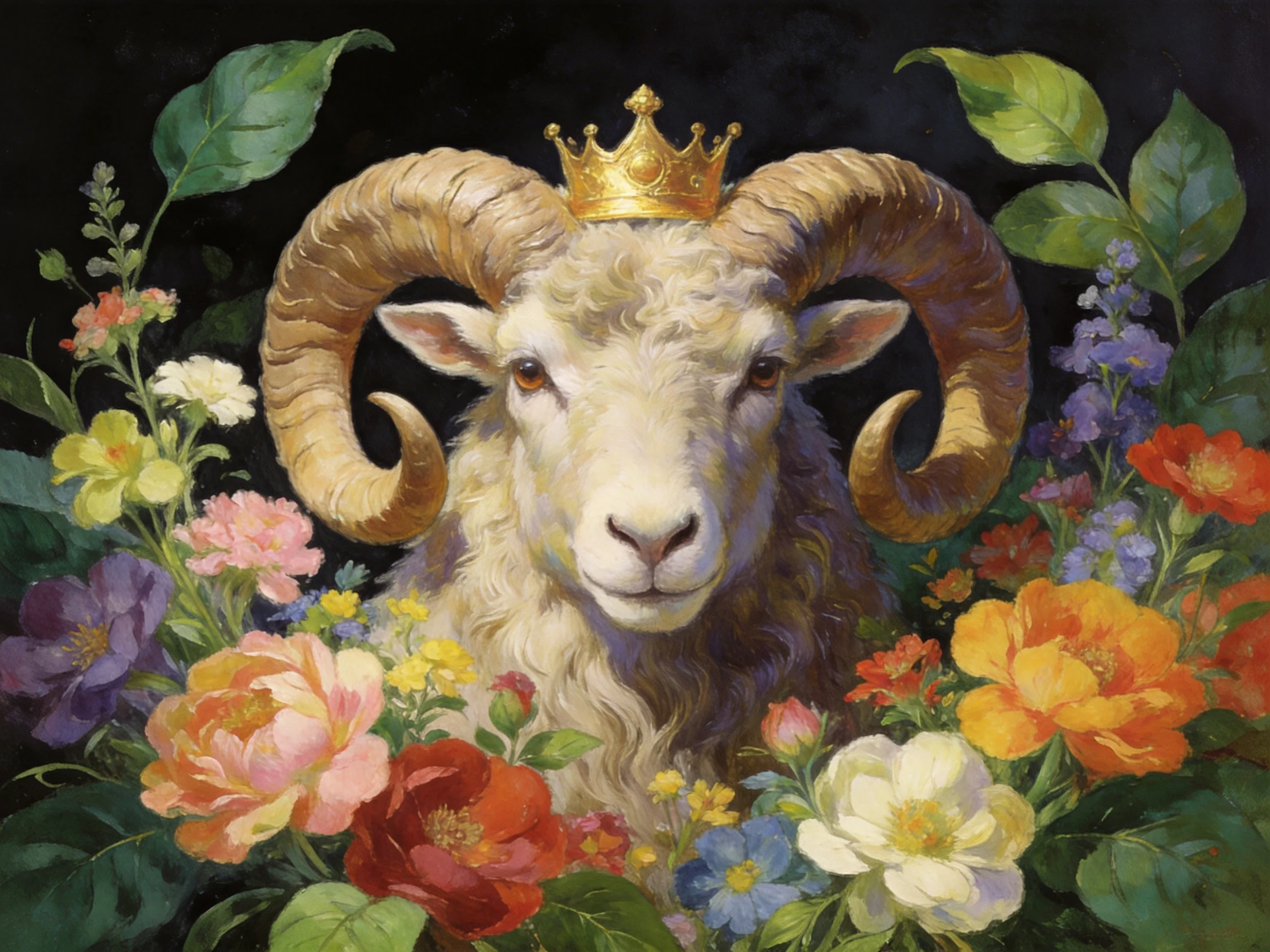 A crowned ram with large curved horns among multicolored blooms