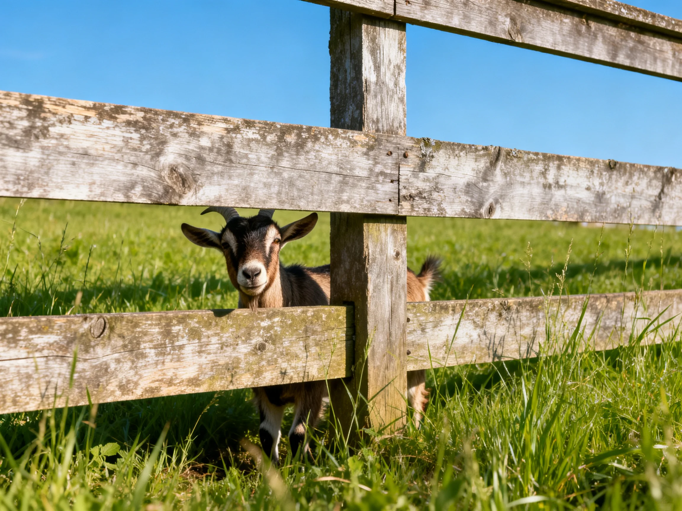 A curious goat peeks through an aged wooden fence in a lush green pasture