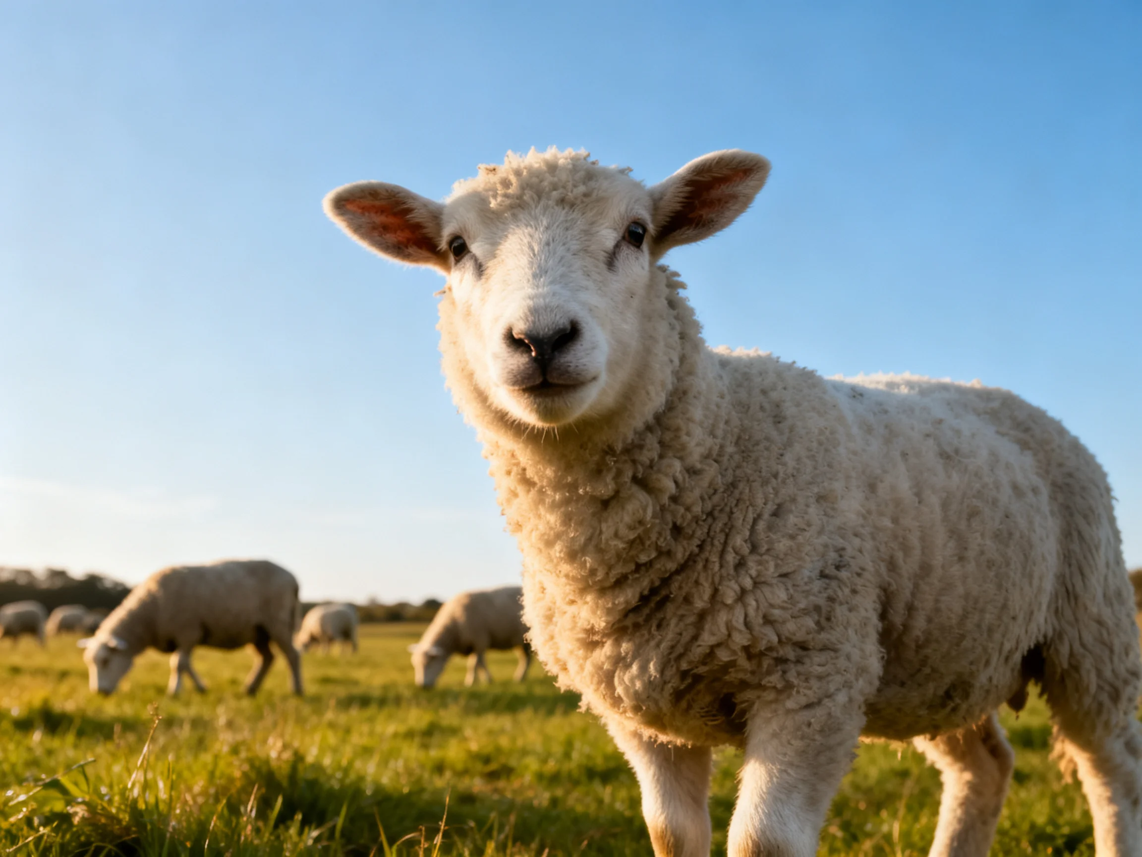 A curious lamb gazes at the camera amid grazing sheep in a sunny meadow