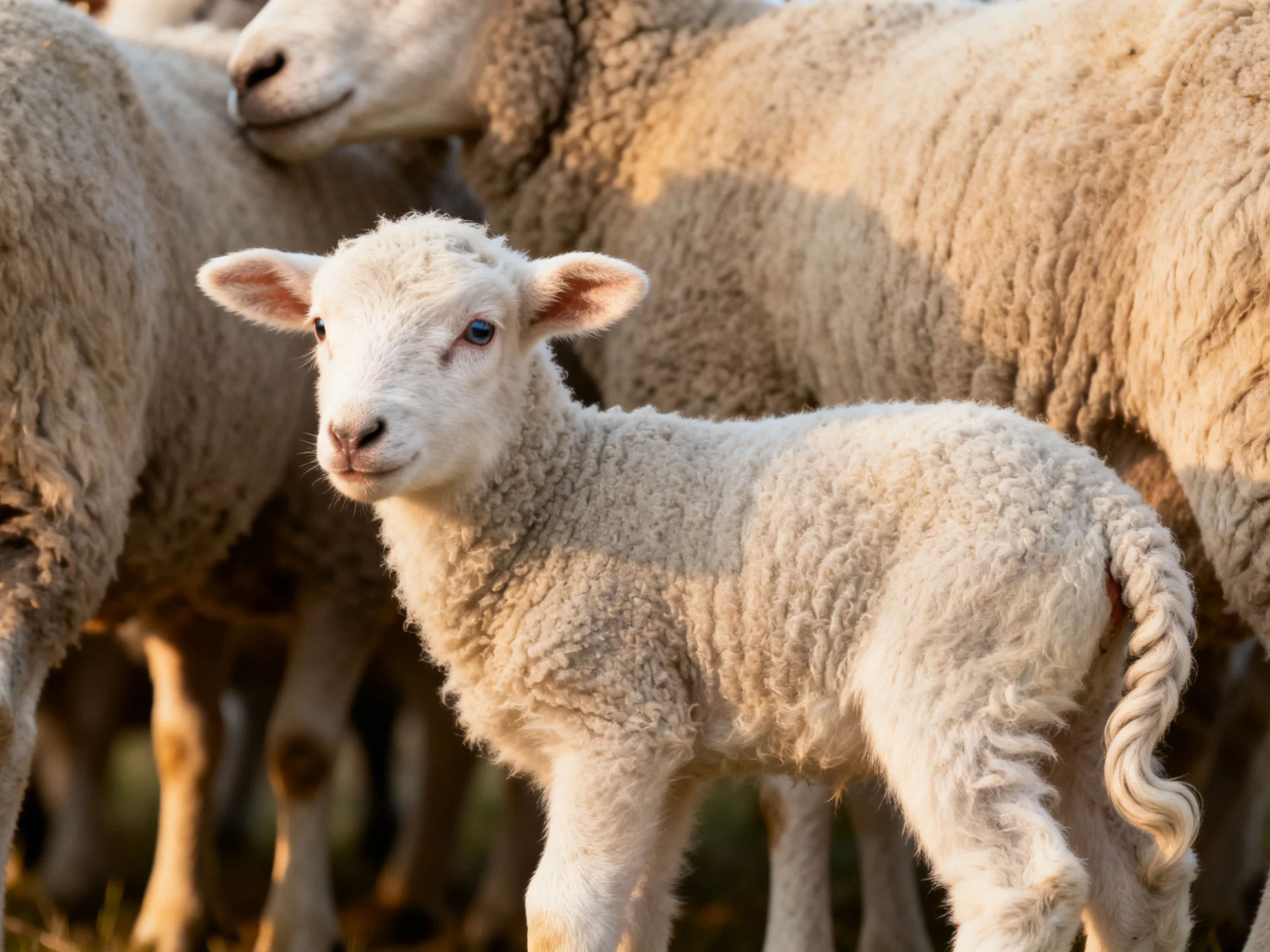 A curious lamb stands amid fluffy adult sheep under warm light