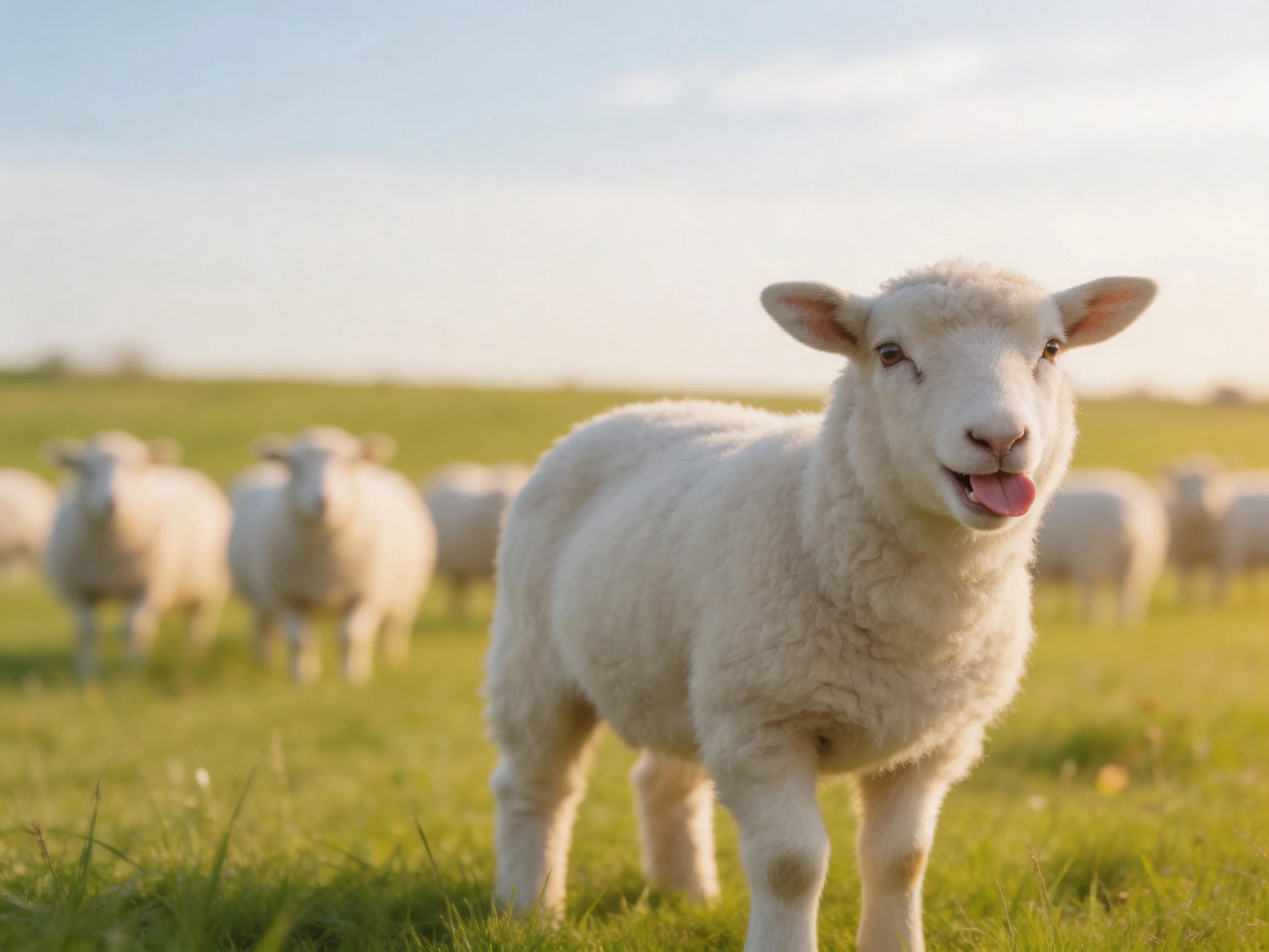 A curious lamb stands in a sunlit green pasture with sheep behind