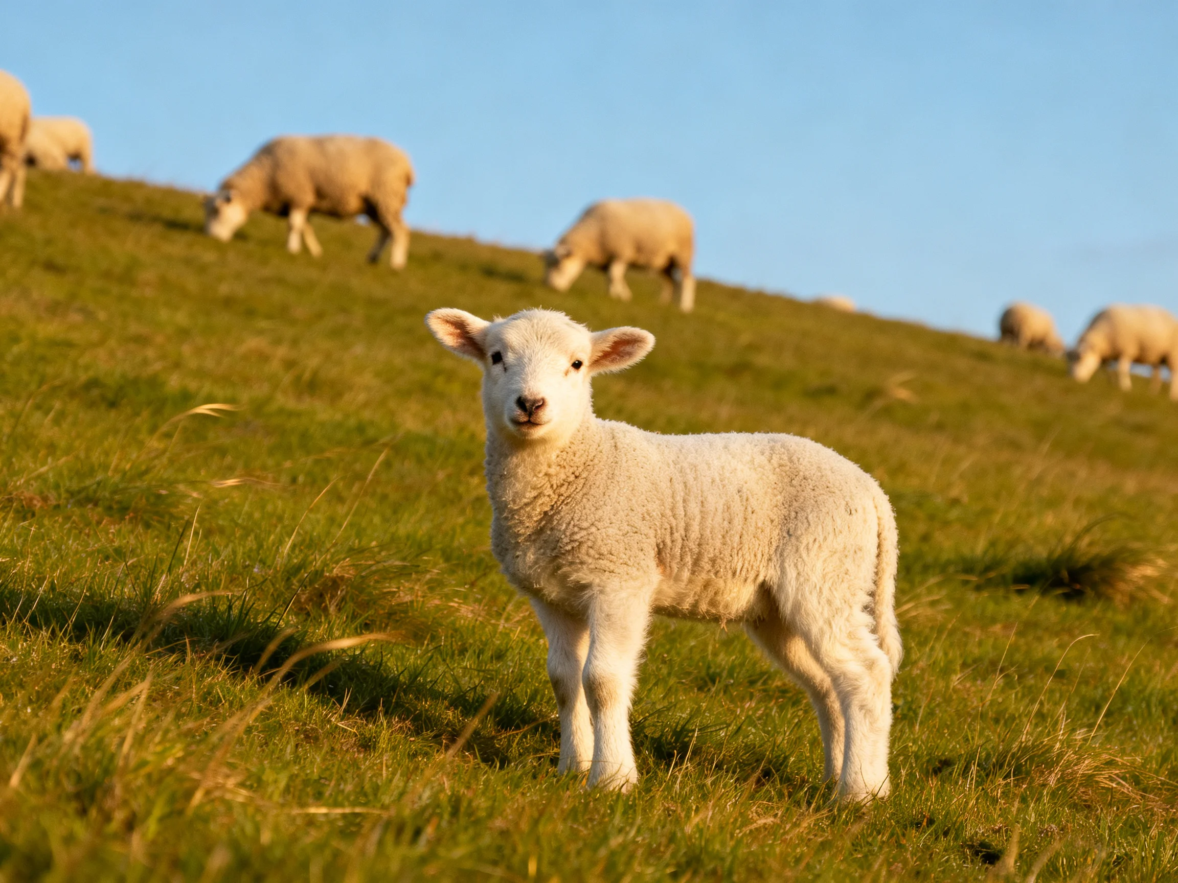 A curious lamb stands on a sunlit green hillside with grazing sheep
