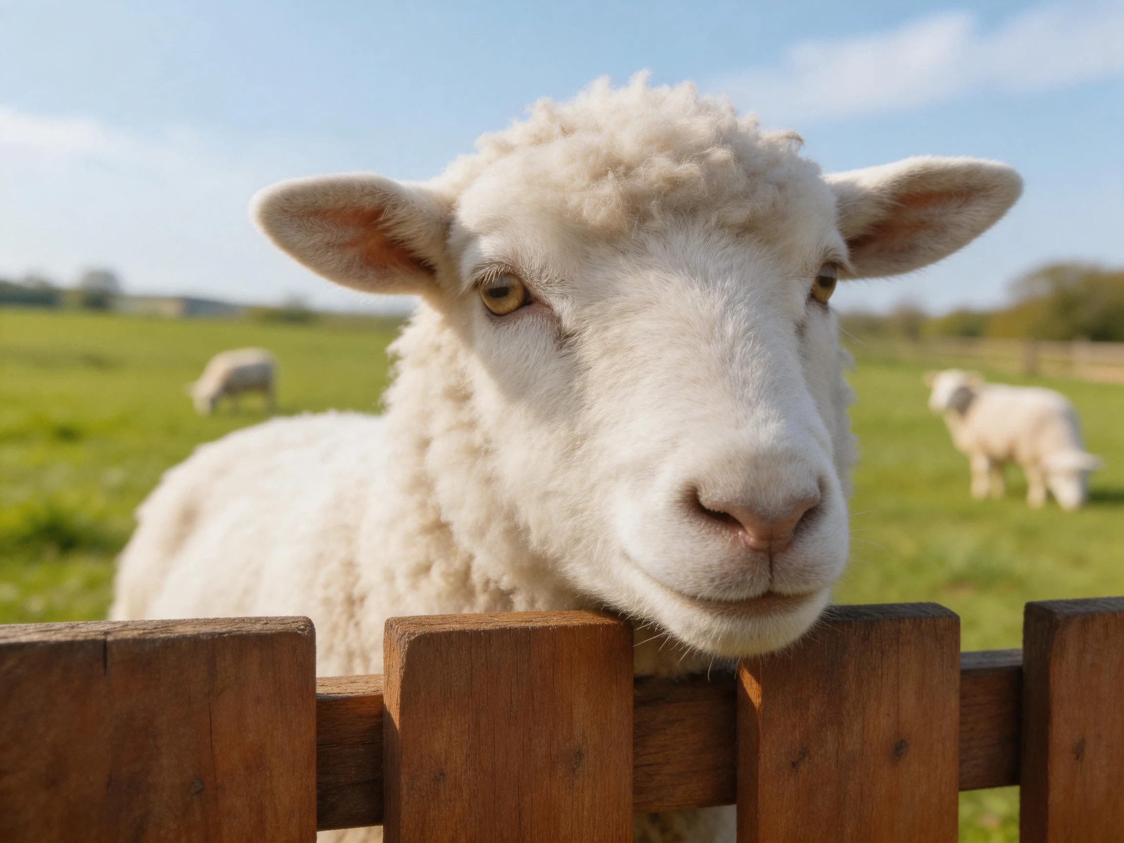 A curious white lamb peeks over a wooden fence into a sunny pasture