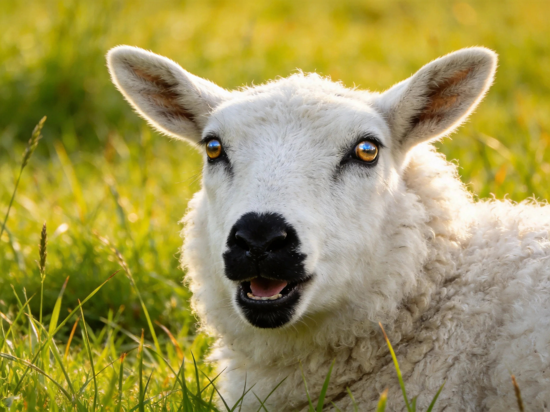 A curious white lamb rests amid vibrant green grass