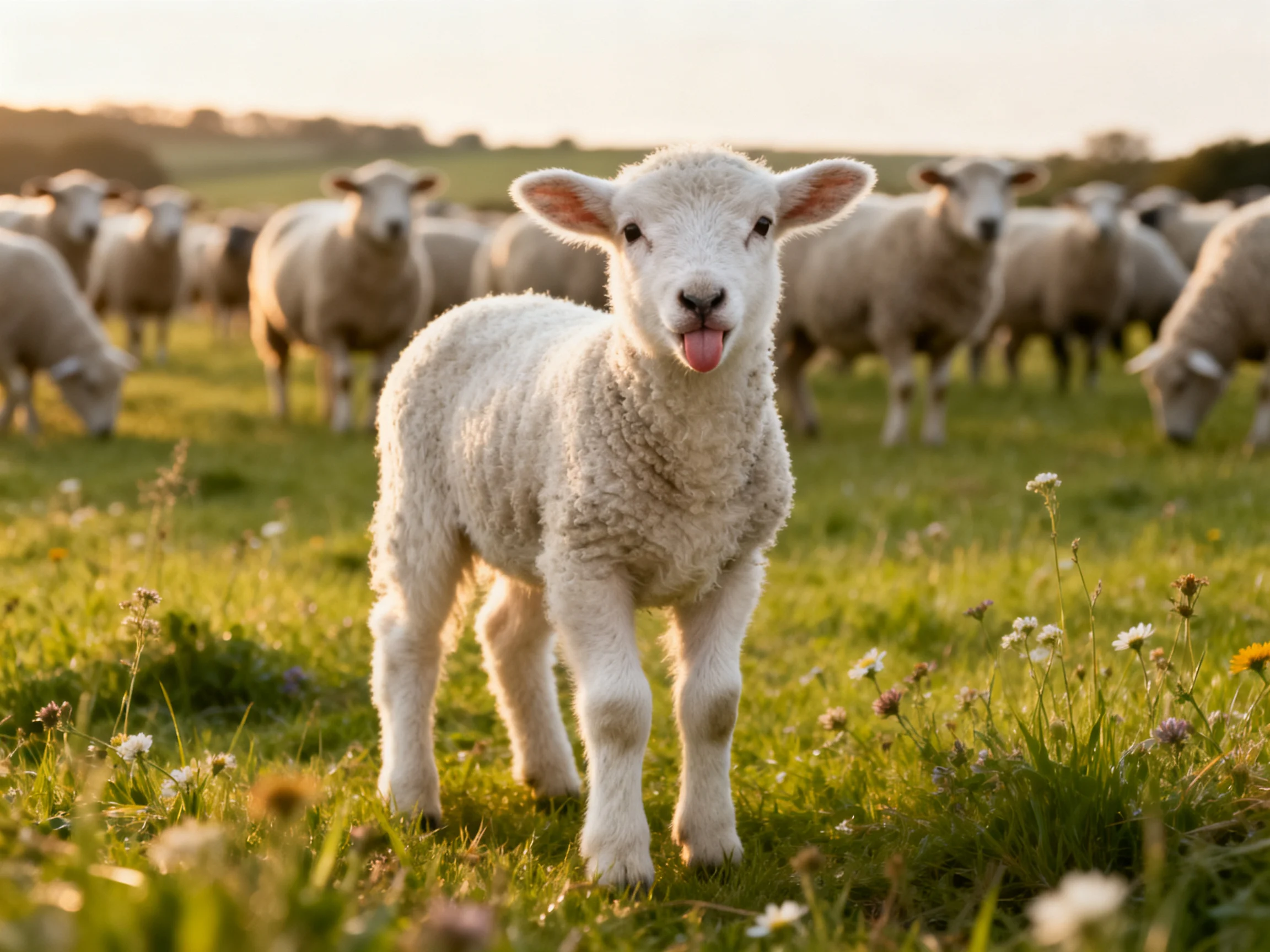 A curious white lamb stands among grazing sheep in a sunlit meadow