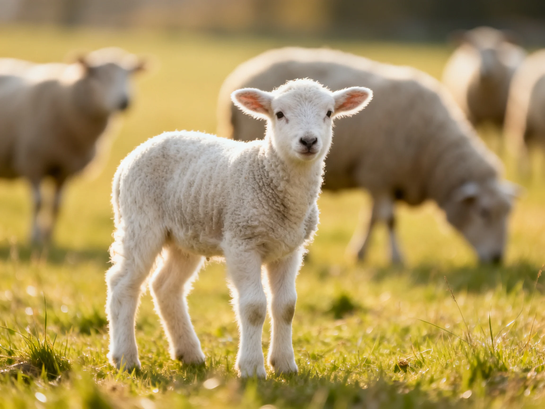 A curious white lamb stands among grazing sheep in a sunlit meadow