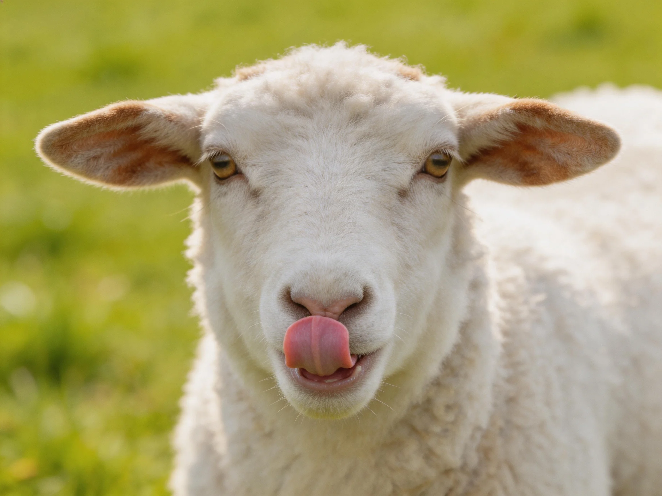 A curious white lamb sticking tongue out in a sunlit green meadow