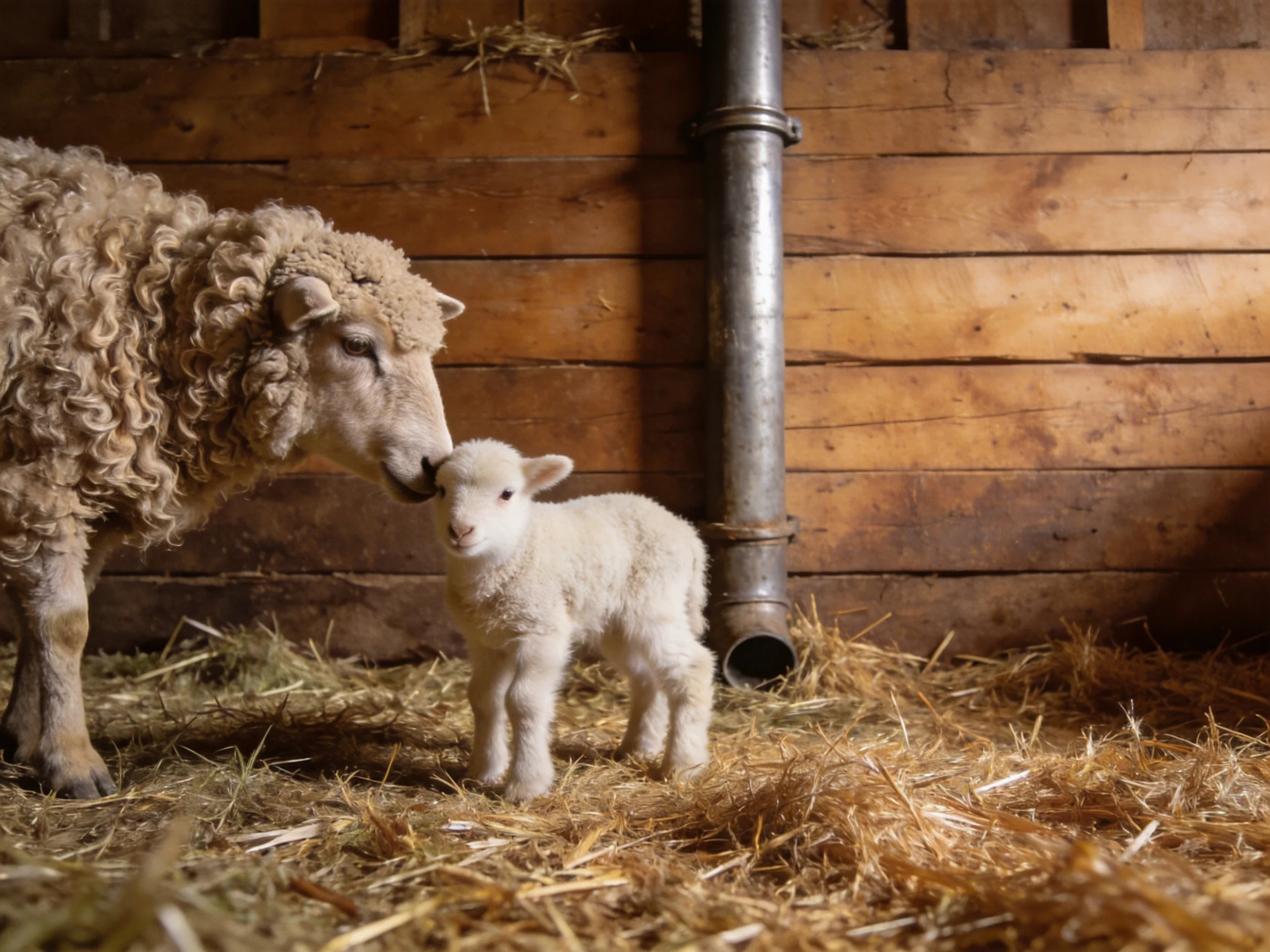 A curly-haired sheep nuzzles a small lamb in a straw-filled barn