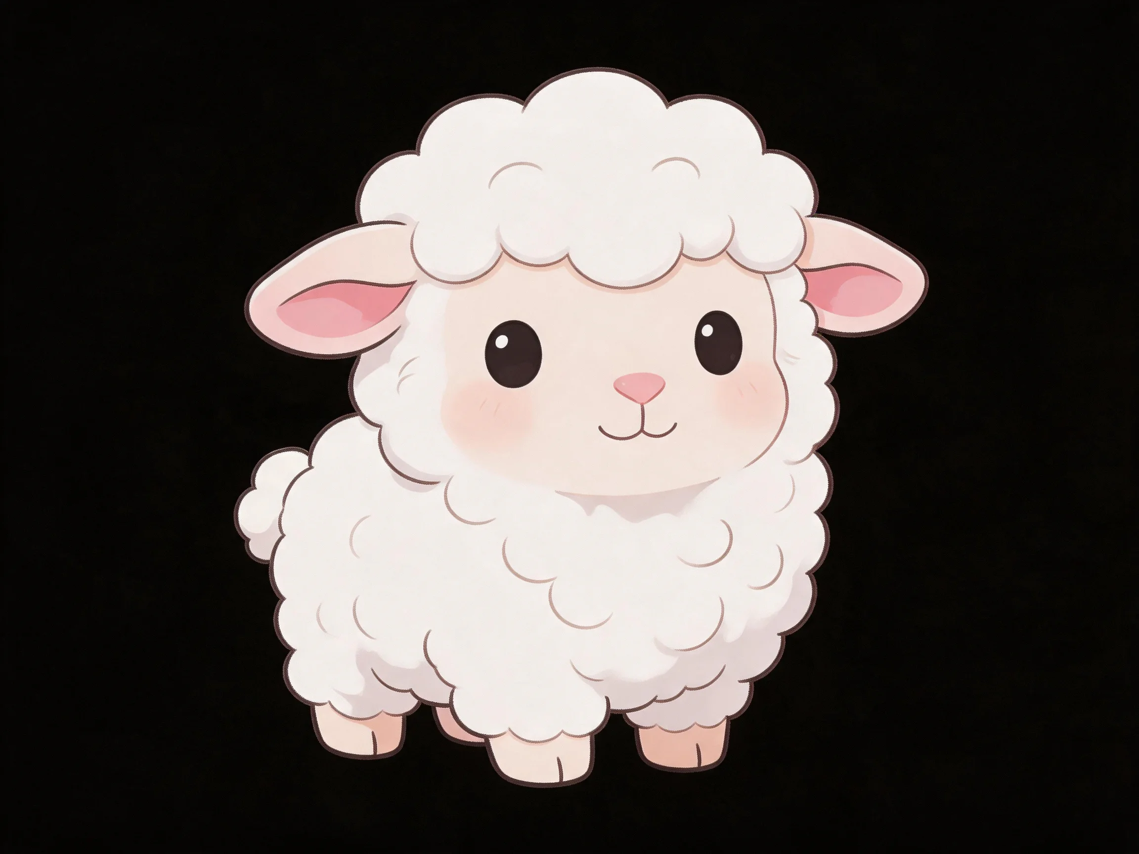 A cute cartoon sheep with fluffy white wool and pink inner ears