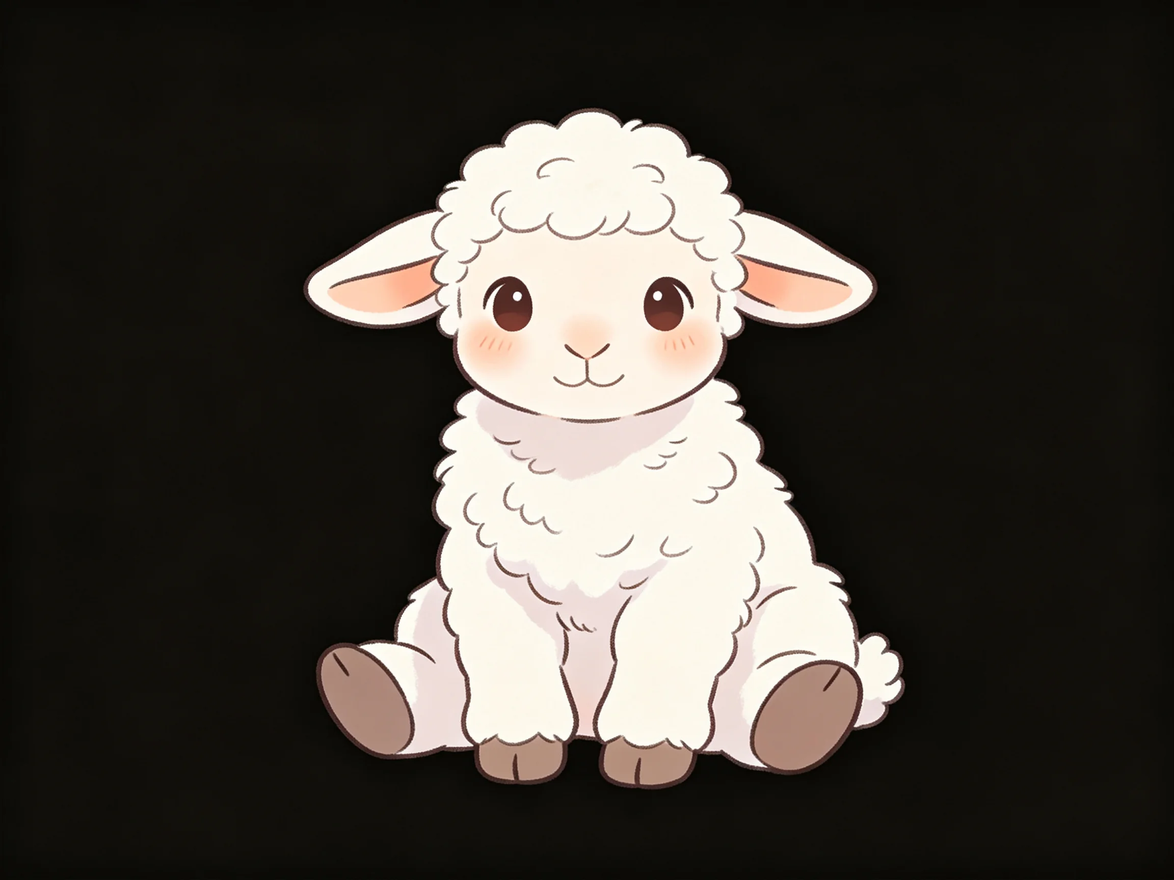 A cute cartoon sheep with fluffy white wool on a solid black background