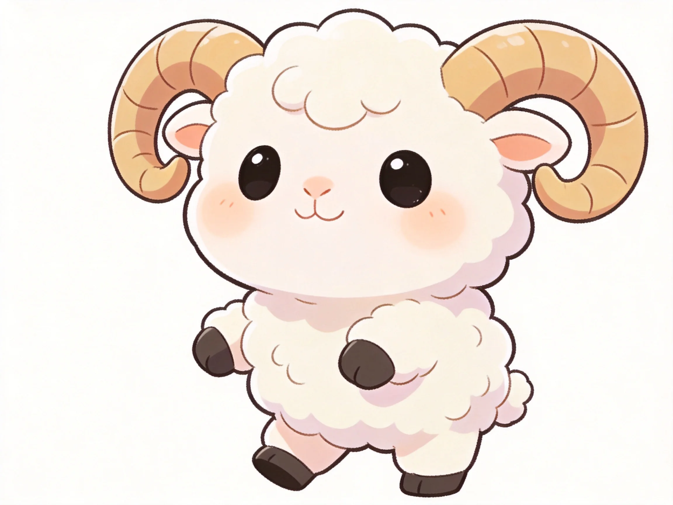 A cute cartoon sheep with large curved horns and fluffy white wool