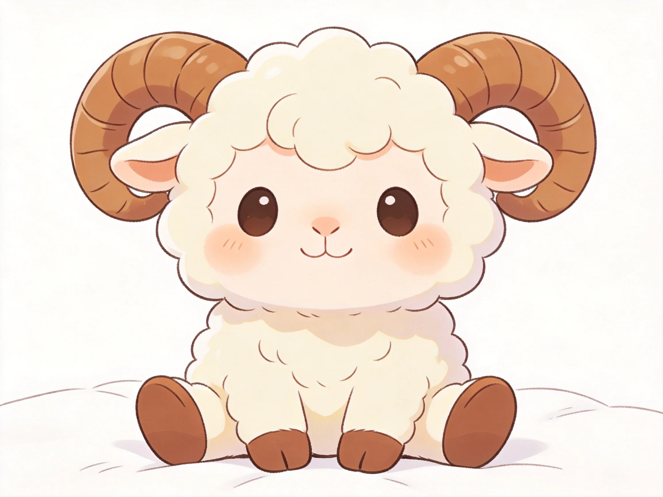 A cute cartoon sheep with large curved horns and soft white fur