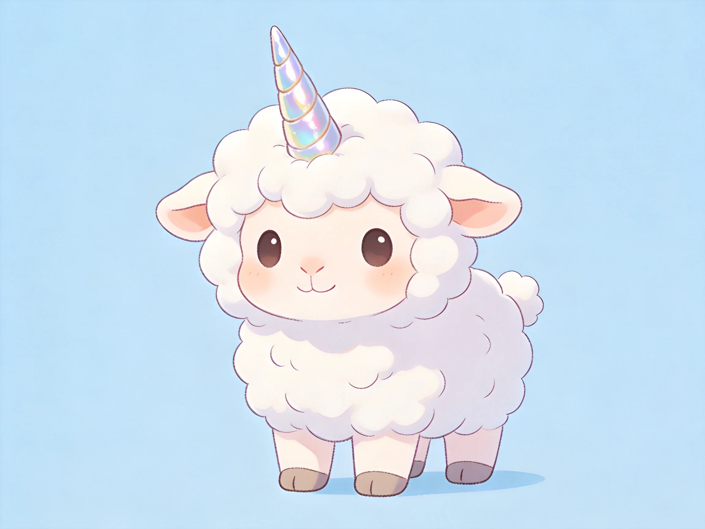 A cute fluffy white creature with iridescent unicorn horn on light blue