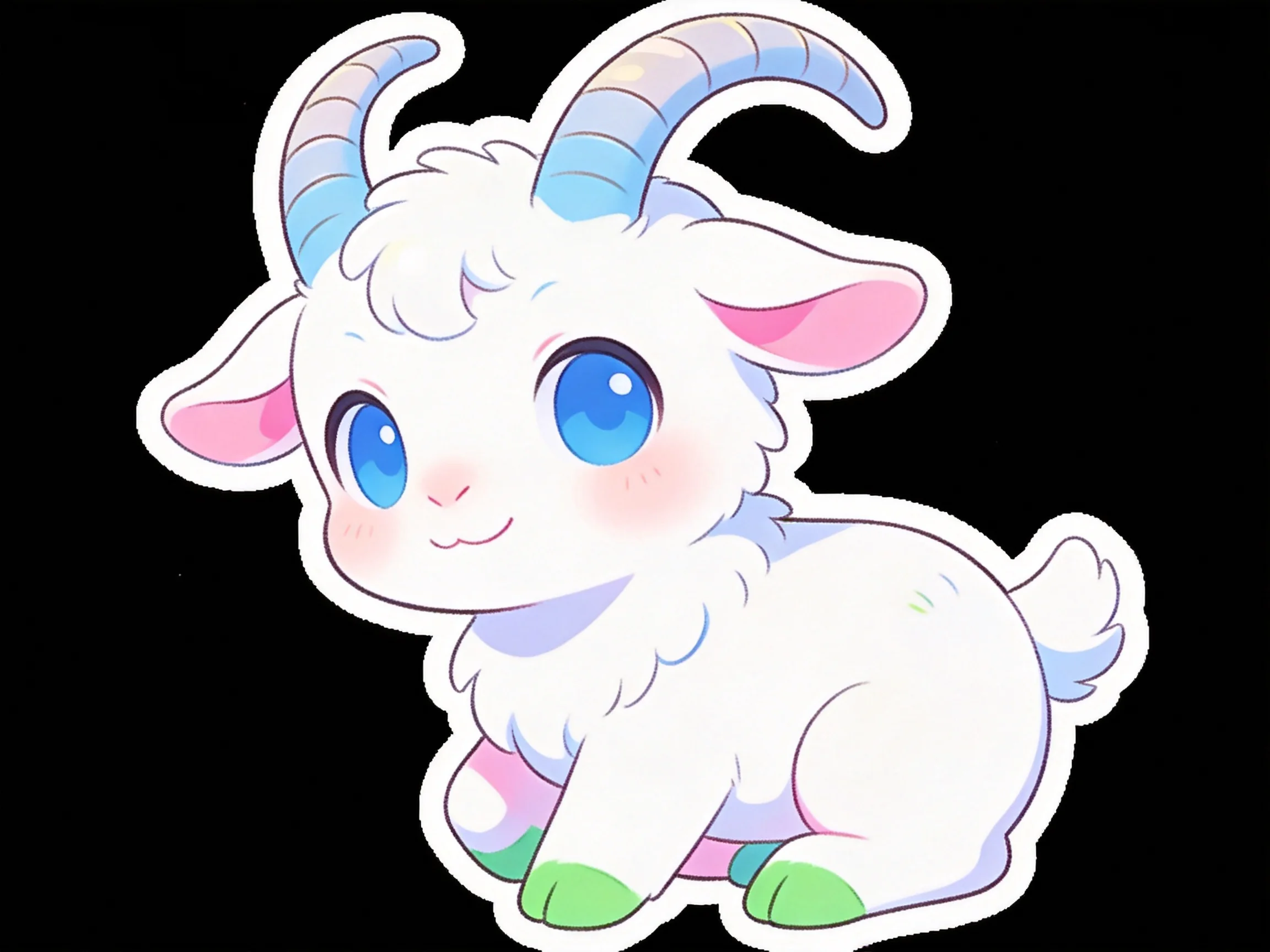 A cute white cartoon goat with blue eyes and colorful accents