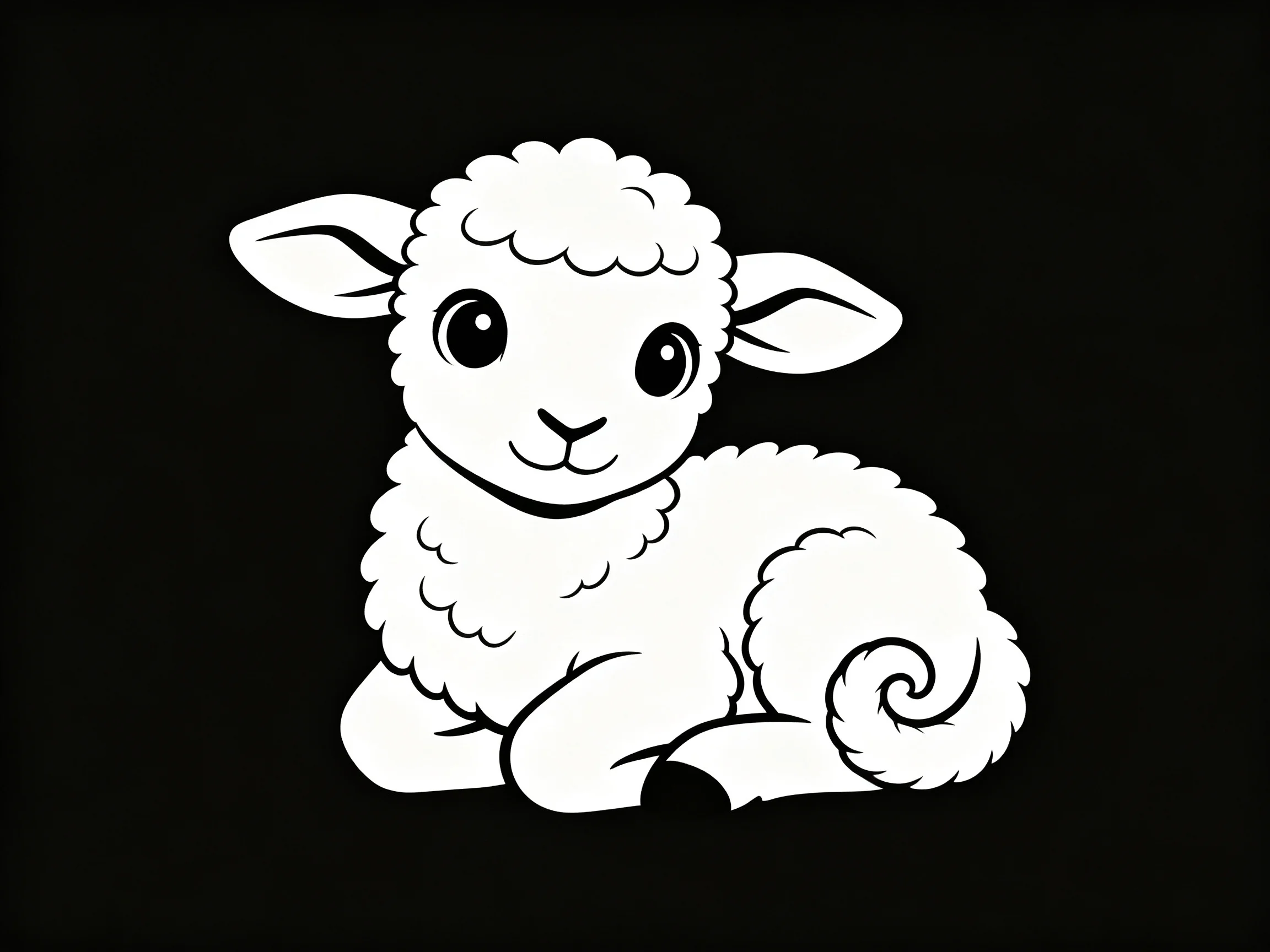 A cute white cartoon lamb resting on a solid black background