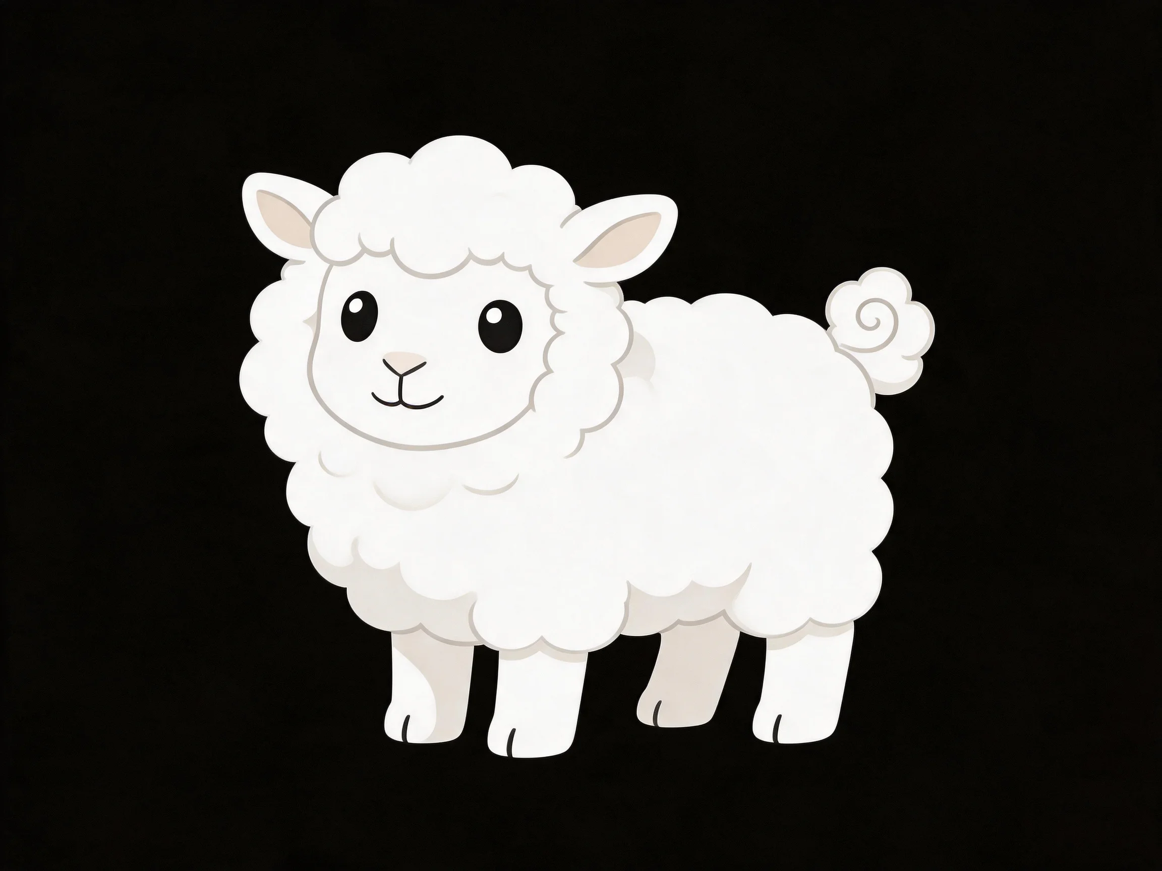 A cute white cartoon sheep with fluffy wool on a black background