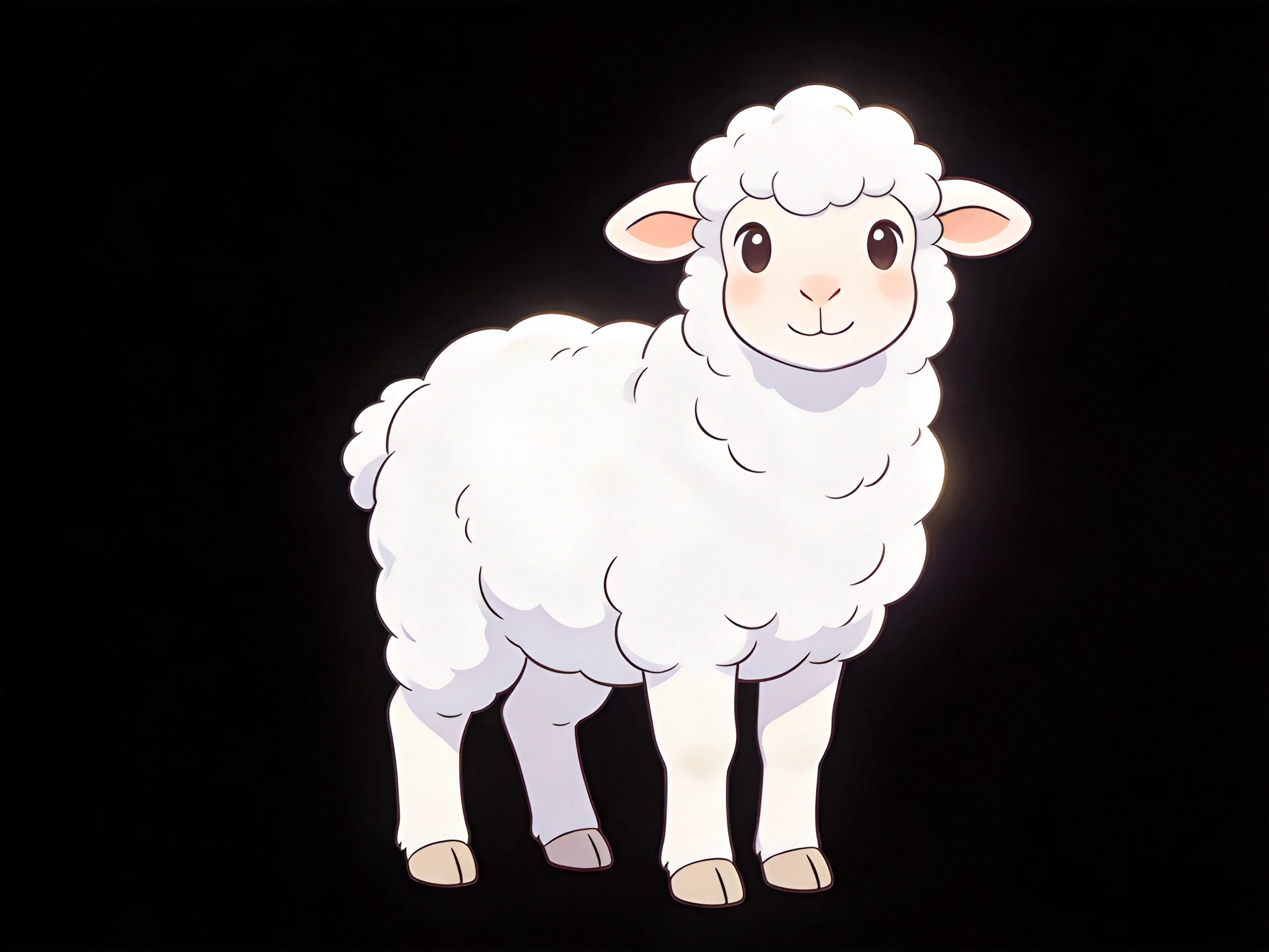A cute white cartoon sheep with fluffy wool on black