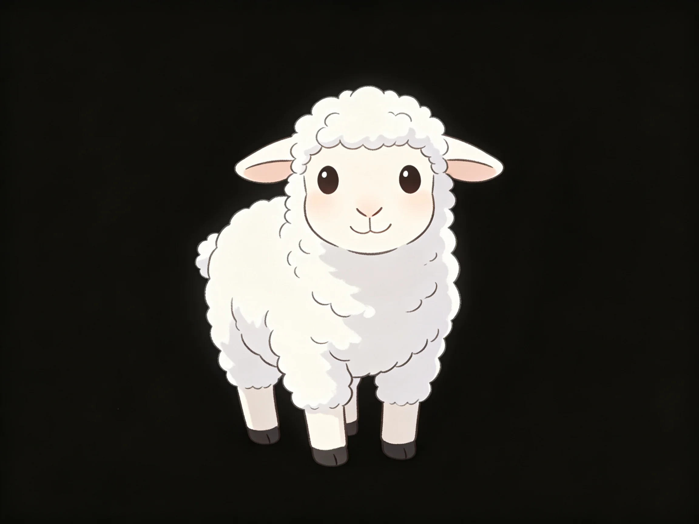 A cute white cartoon sheep withfluffy wool against a solid black background