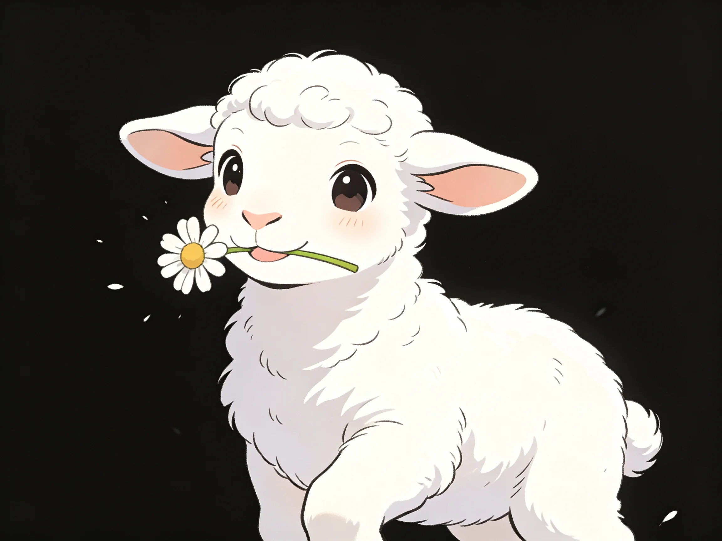 A cute white lamb holding a daisy against a solid black backdrop