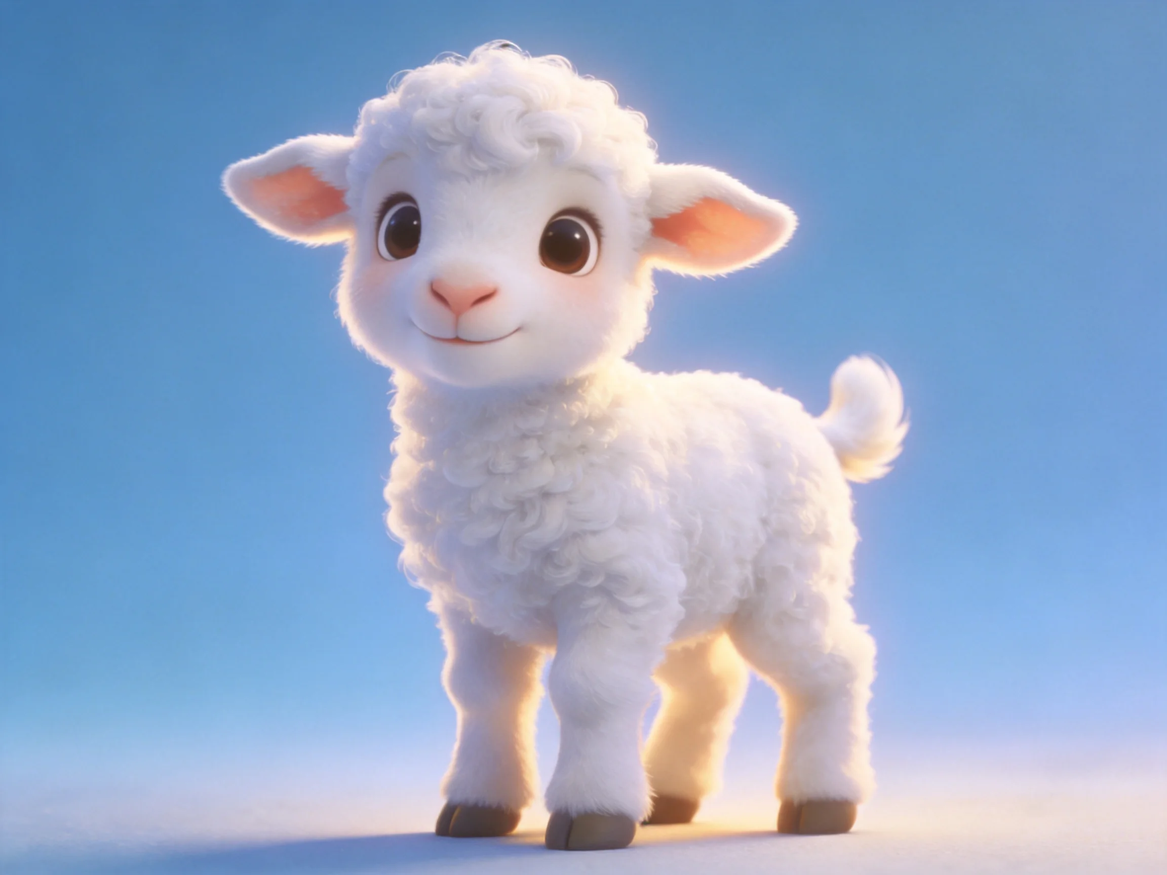 A cute white lamb with curly wool on a blue backdrop