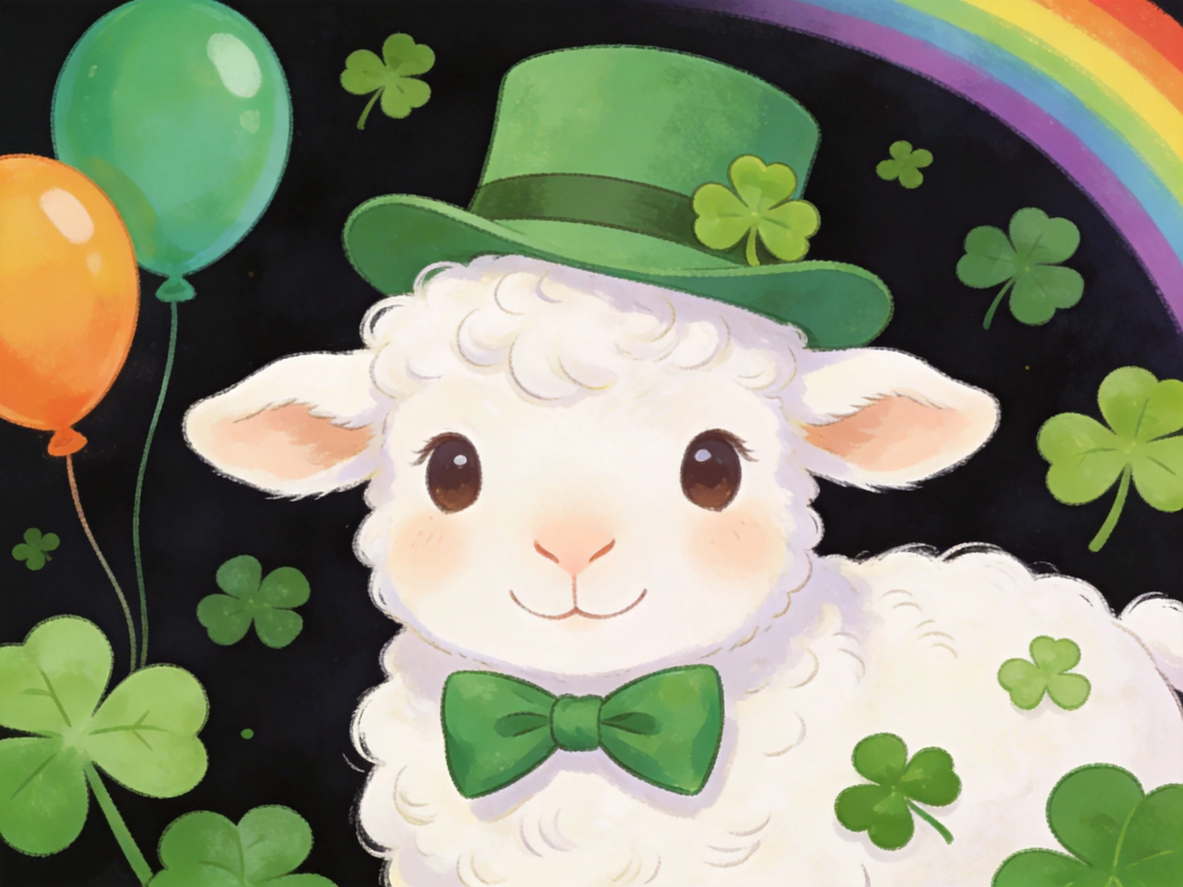 A cute white lamb with green hat, bowtie, shamrocks, balloons, rainbow