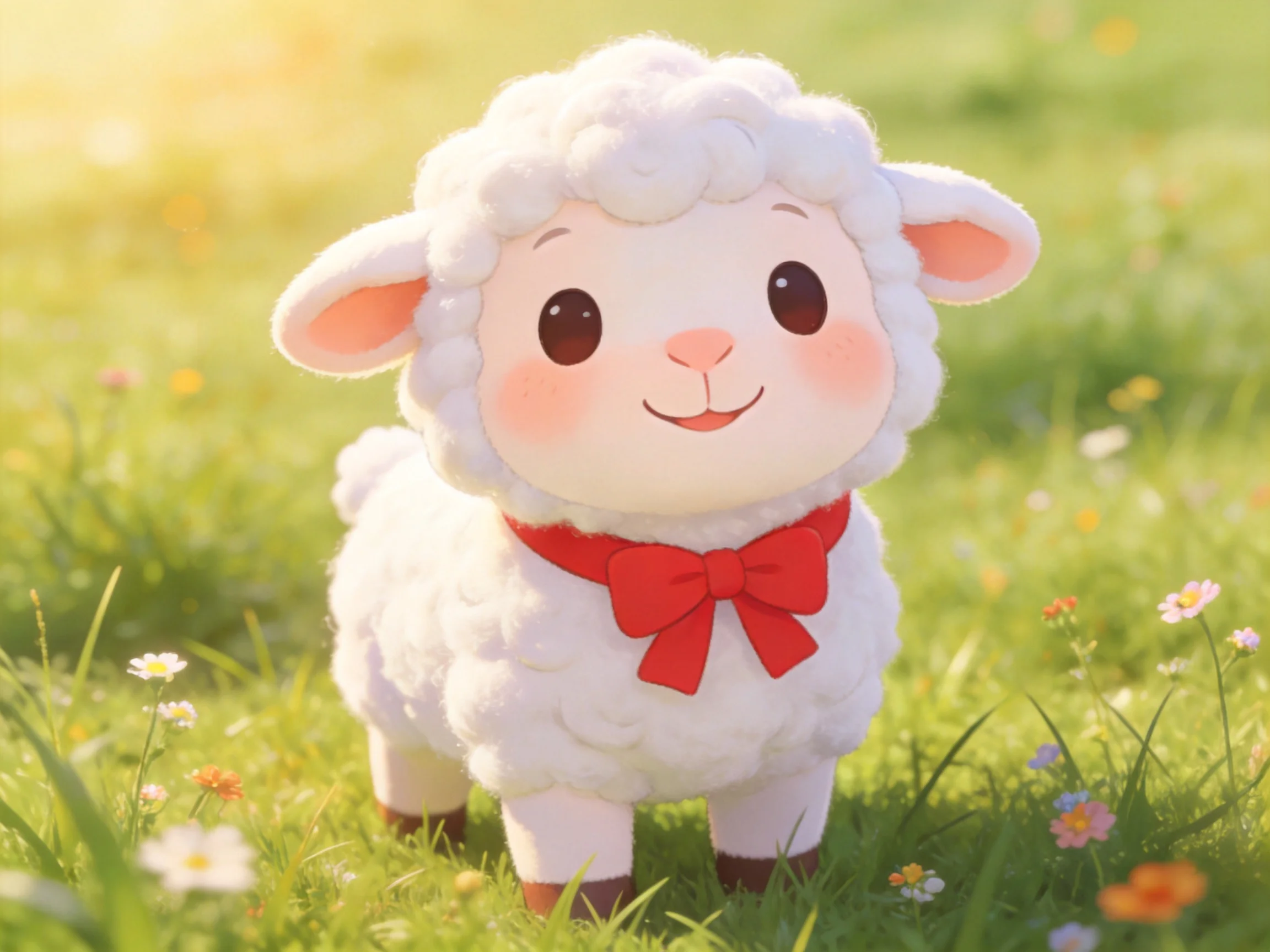 A cute white lamb with red bow in sunlit meadow