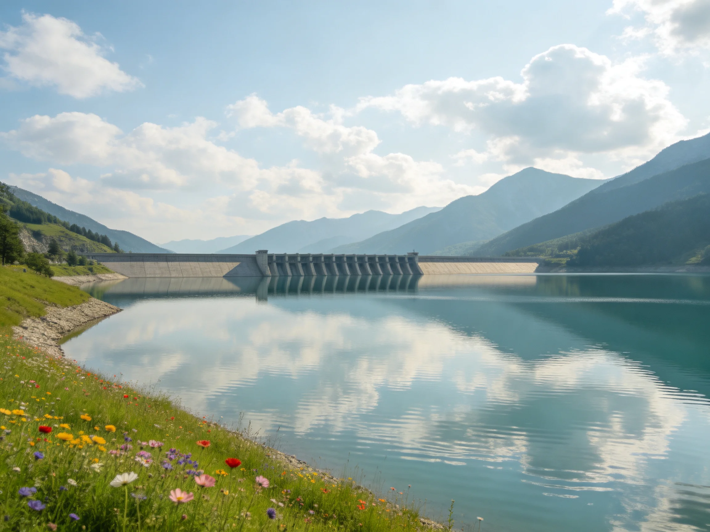 A dam spans calm waters near mountainous terrain with colorful wildflowers