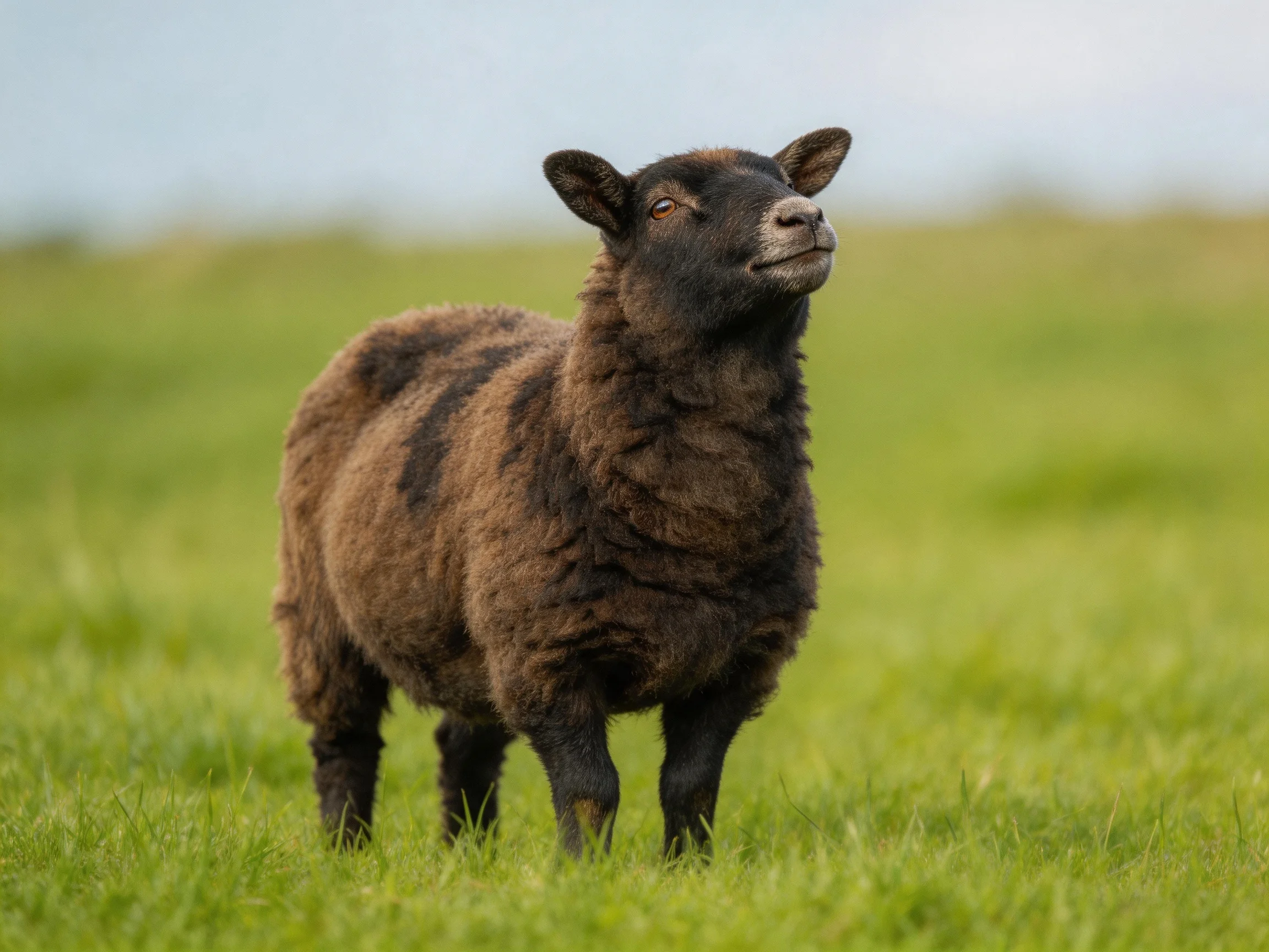 A dark brown and black sheep in a lush green meadow