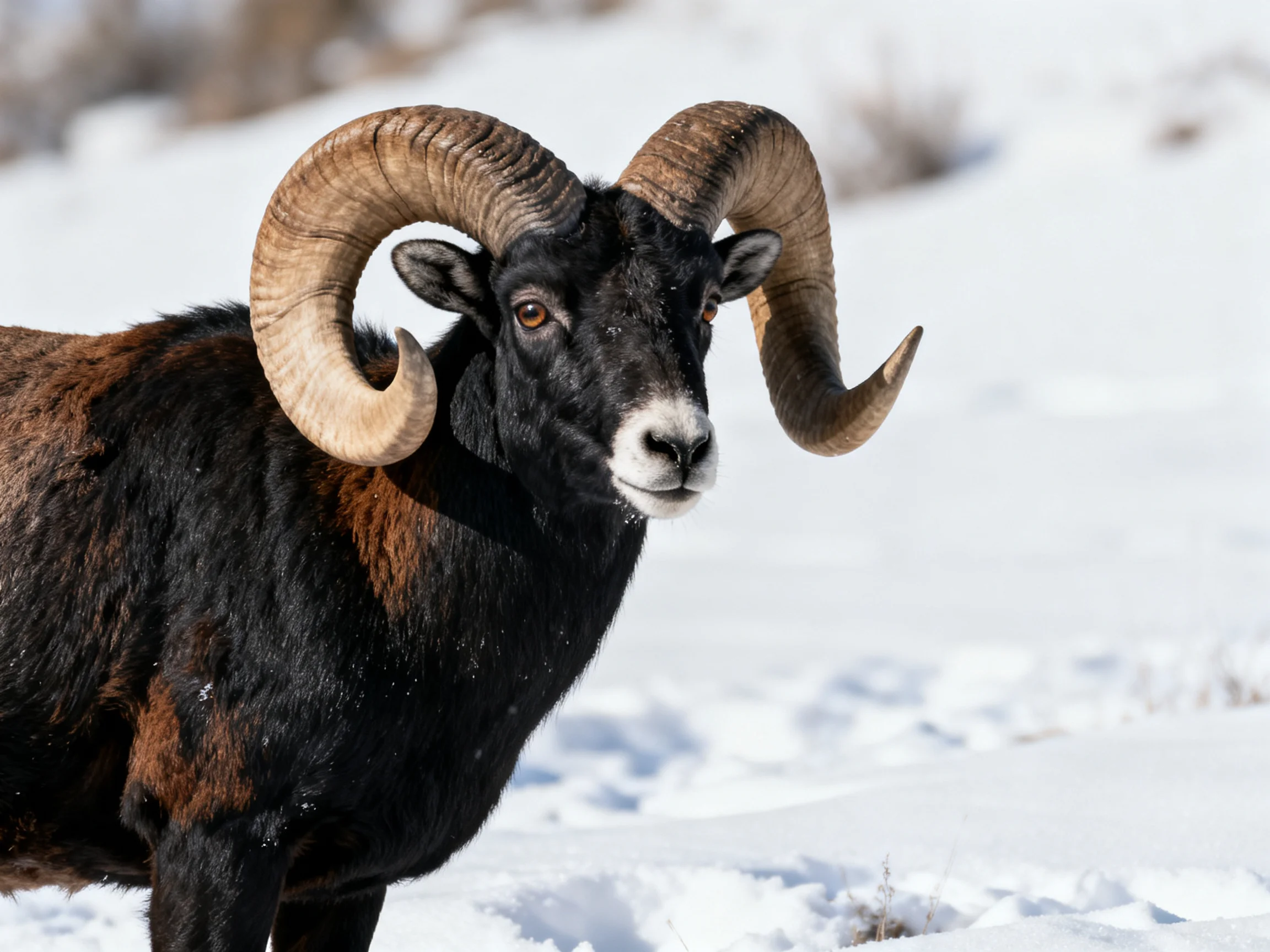 A dark-coated ram with massive curved horns stands in snowy terrain