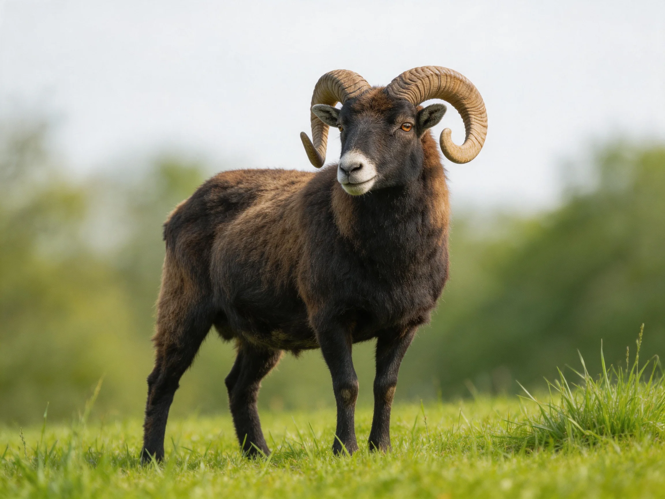A dark-furred ram with large curved horns stands on lush green grass