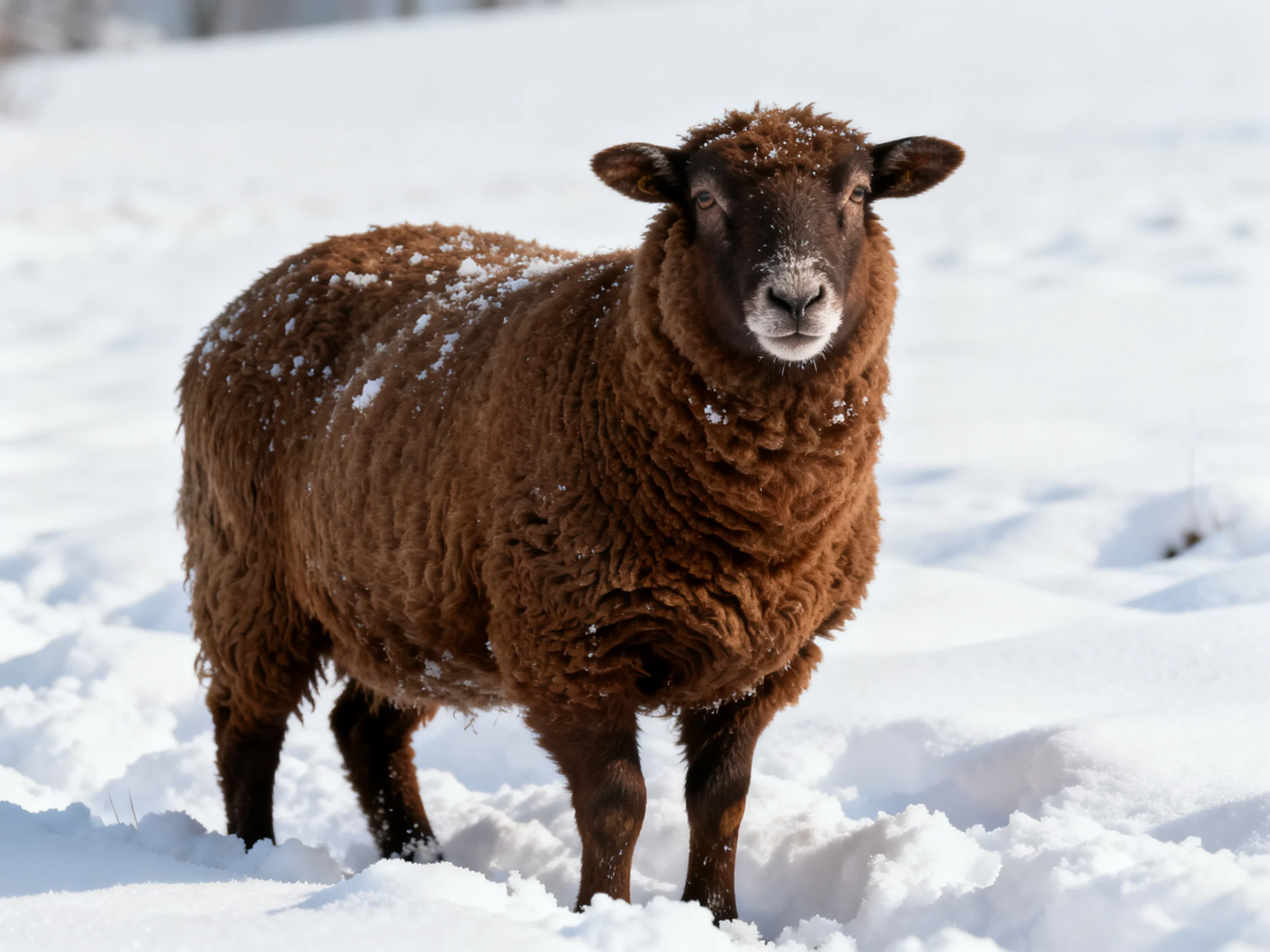 A dark brown sheep stands in a snowy landscape.