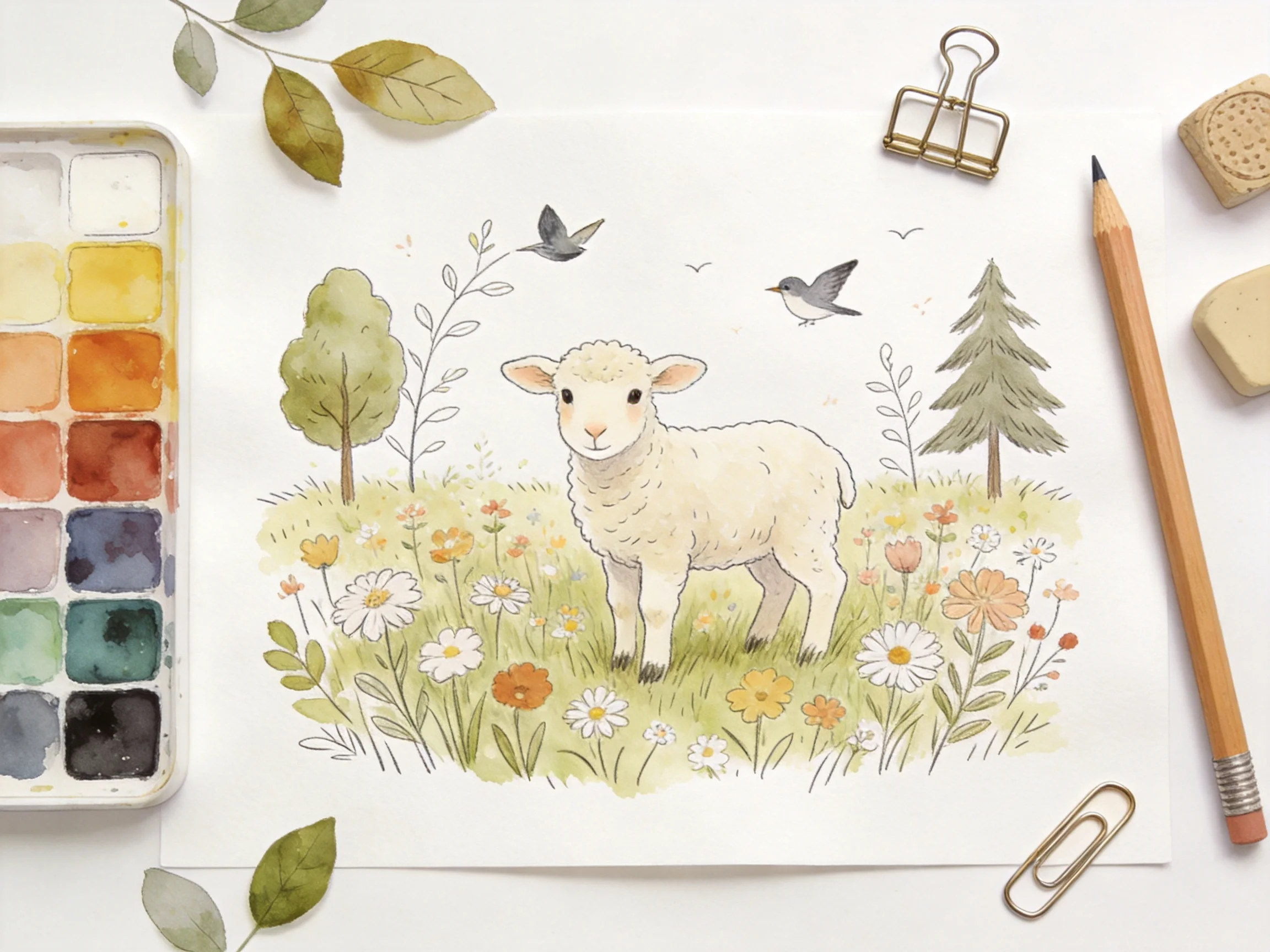 A delicate watercolor painting of a sheep in a flower-filled meadow